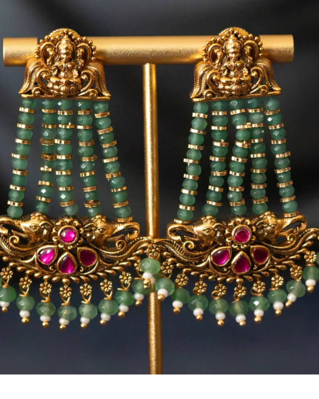 Emerald Bead Temple Drop Earrings