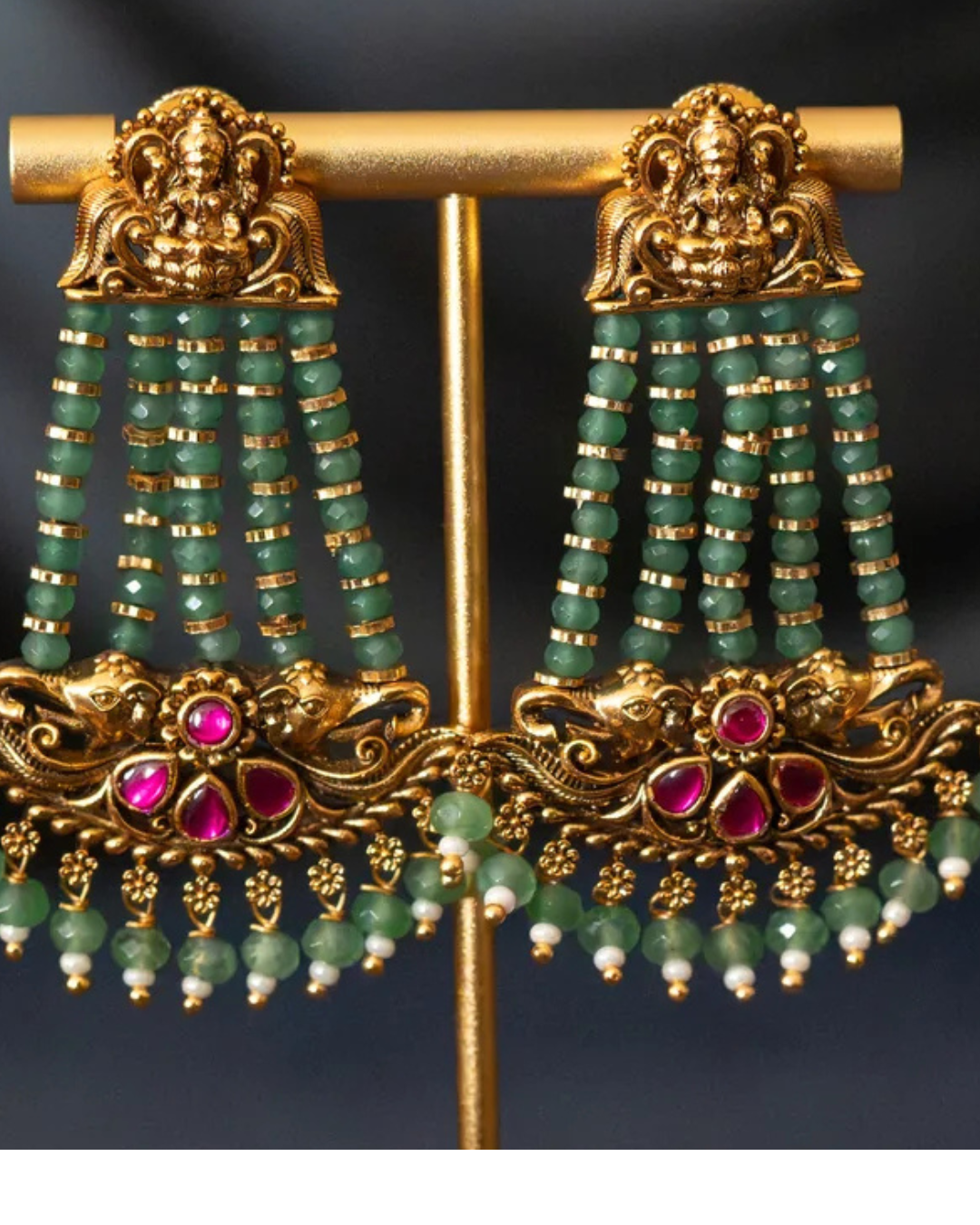 Emerald Bead Temple Drop Earrings