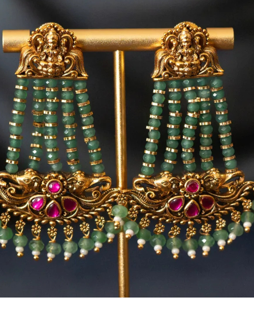 Emerald Bead Temple Drop Earrings