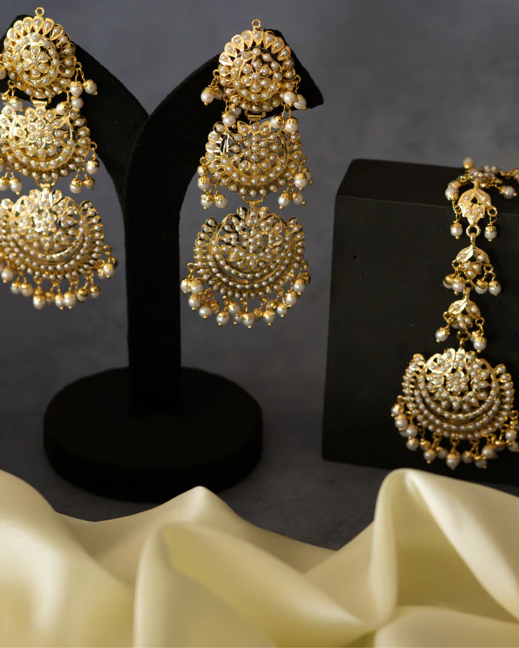 Layered Pearl Jadau Danglers with Maang Tikka