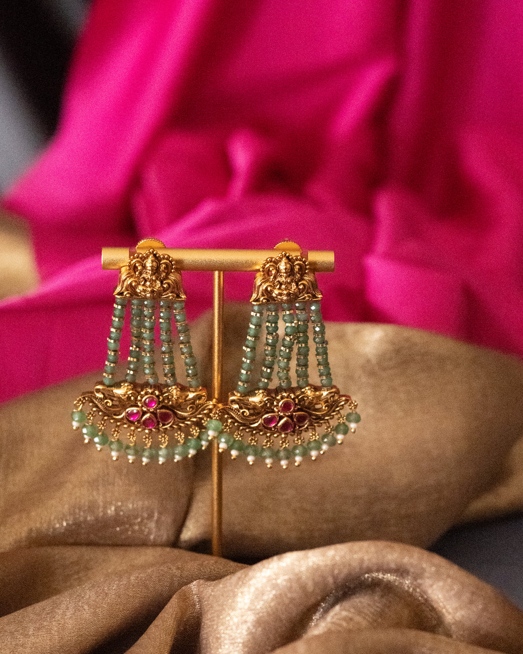 Emerald Bead Temple Drop Earrings