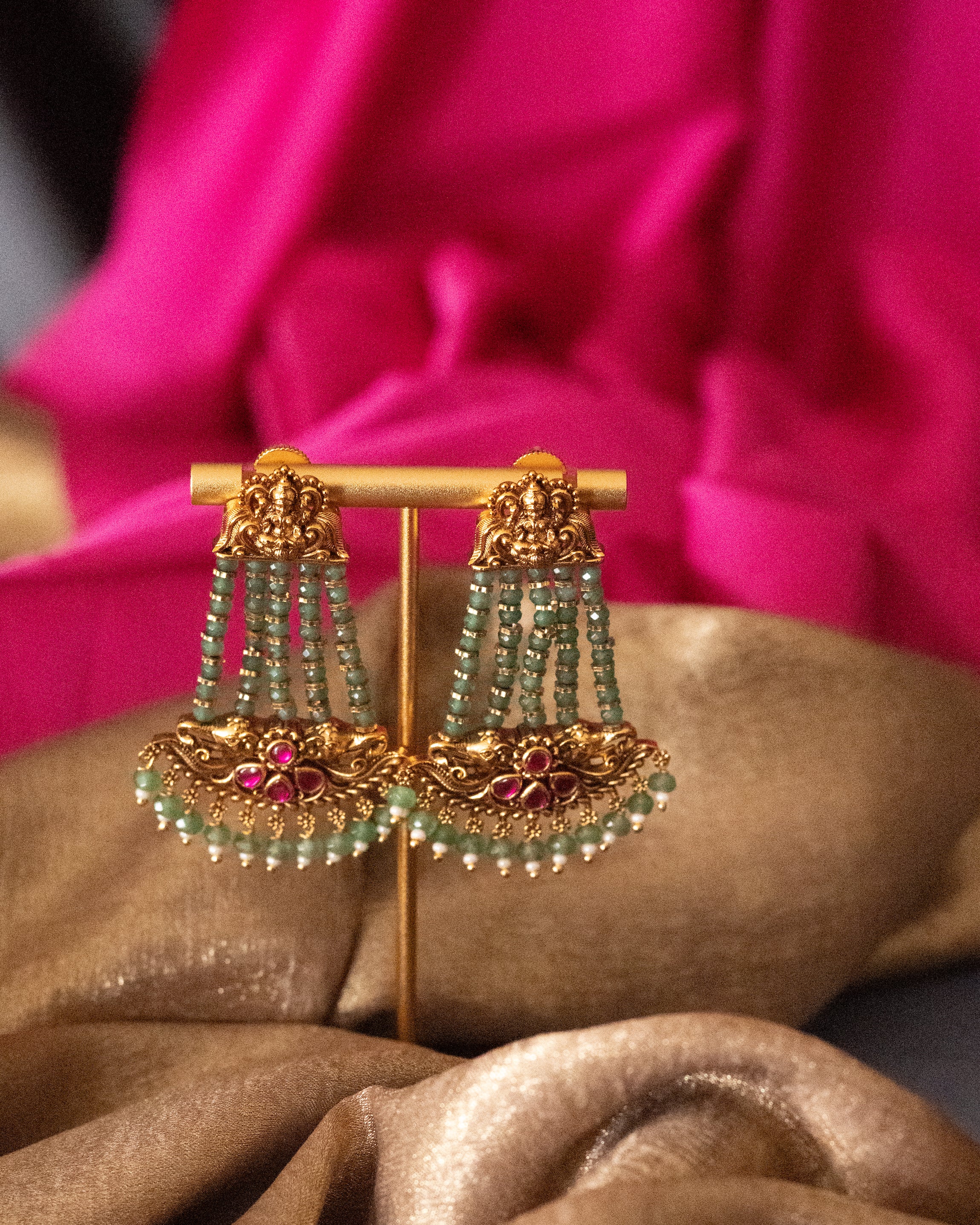 Emerald Bead Temple Drop Earrings