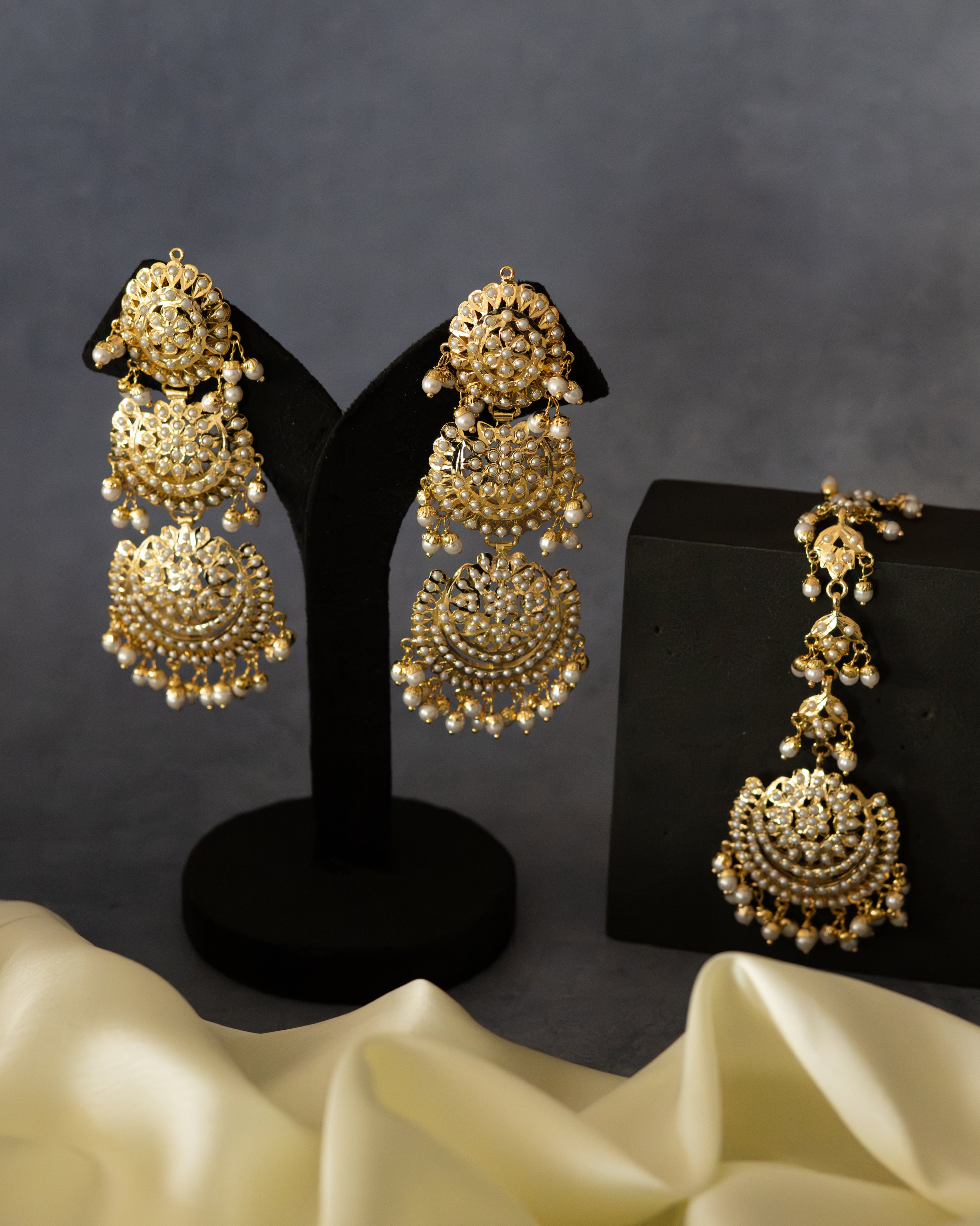 Layered Pearl Jadau Danglers with Maang Tikka