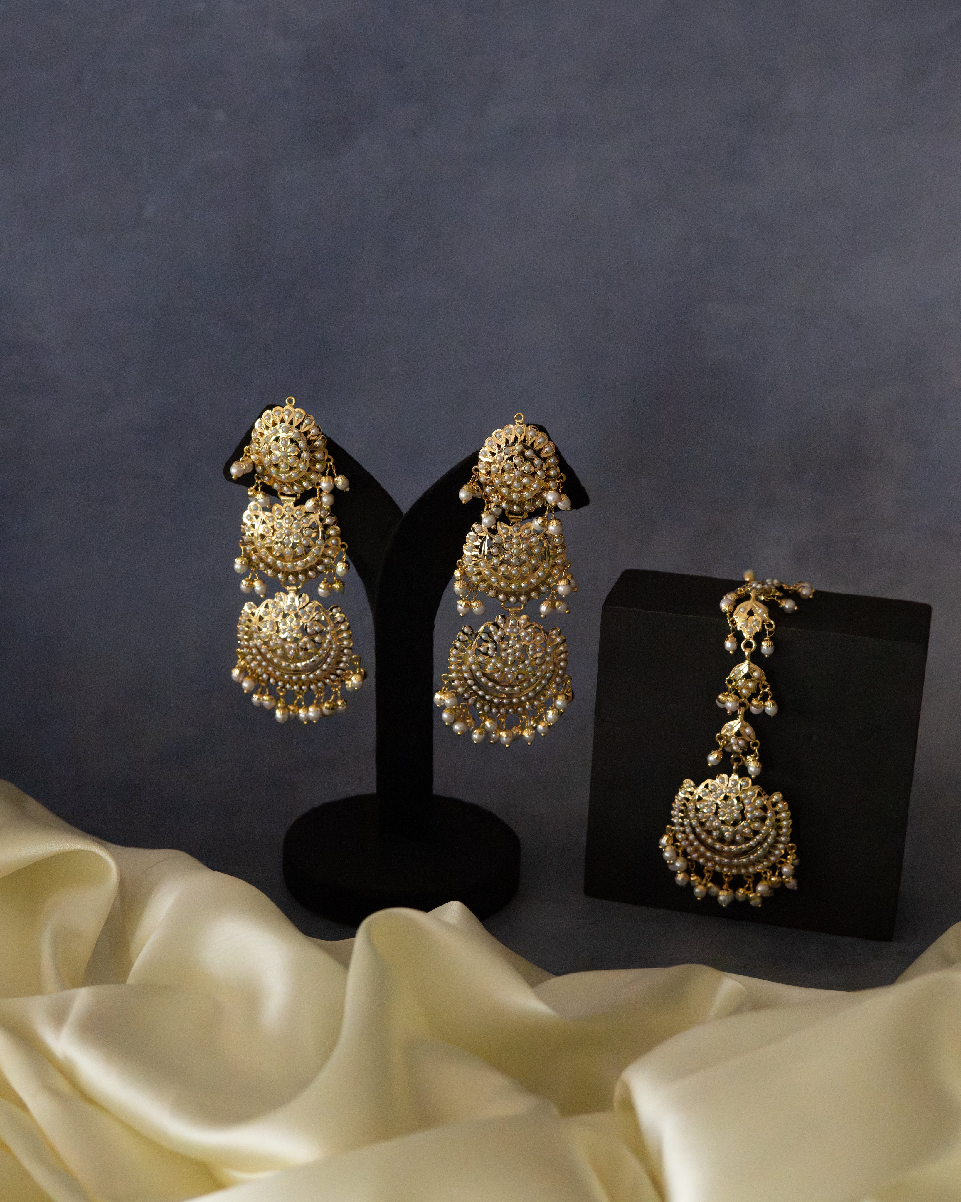Layered Pearl Jadau Danglers with Maang Tikka