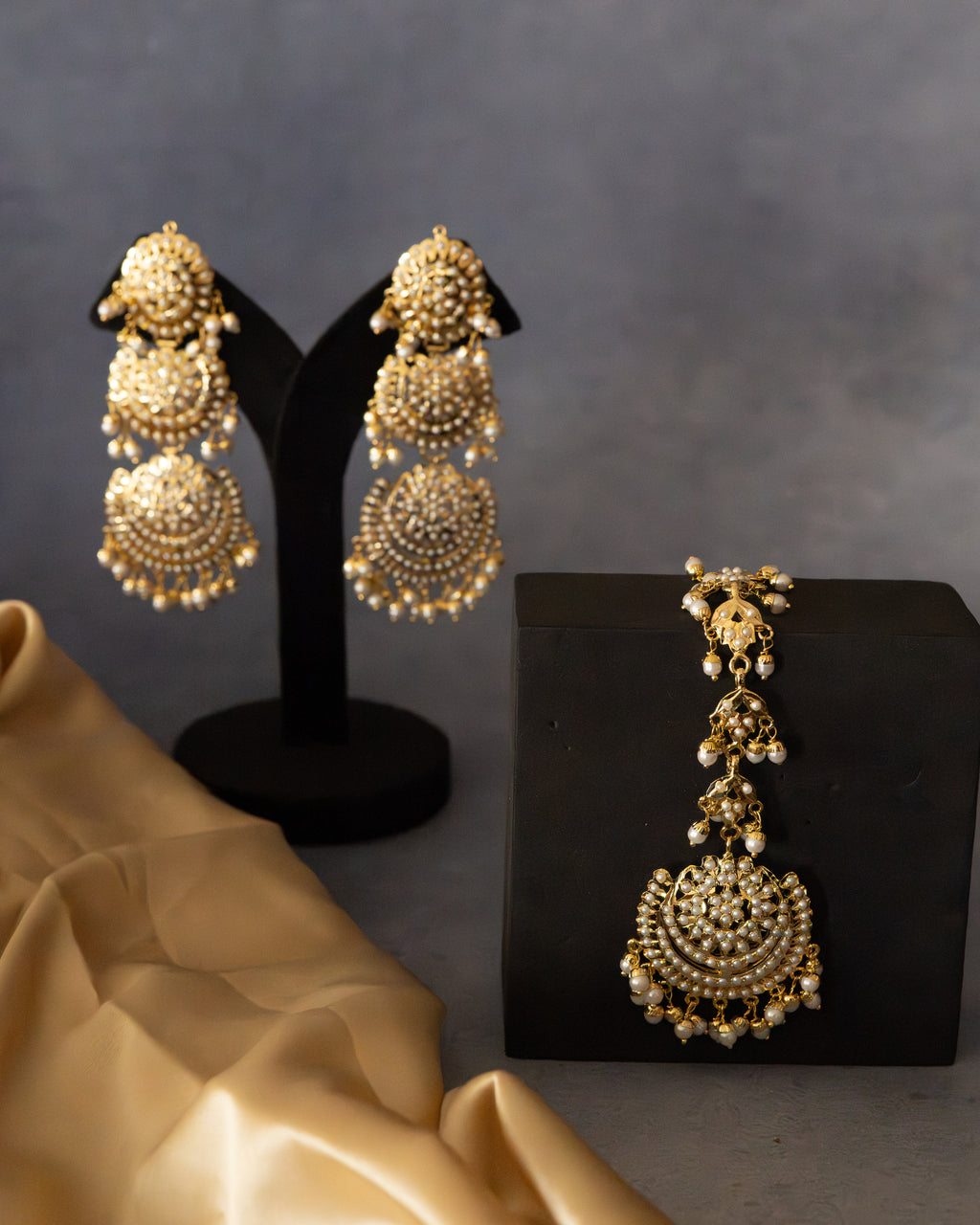 Layered Pearl Jadau Danglers with Maang Tikka