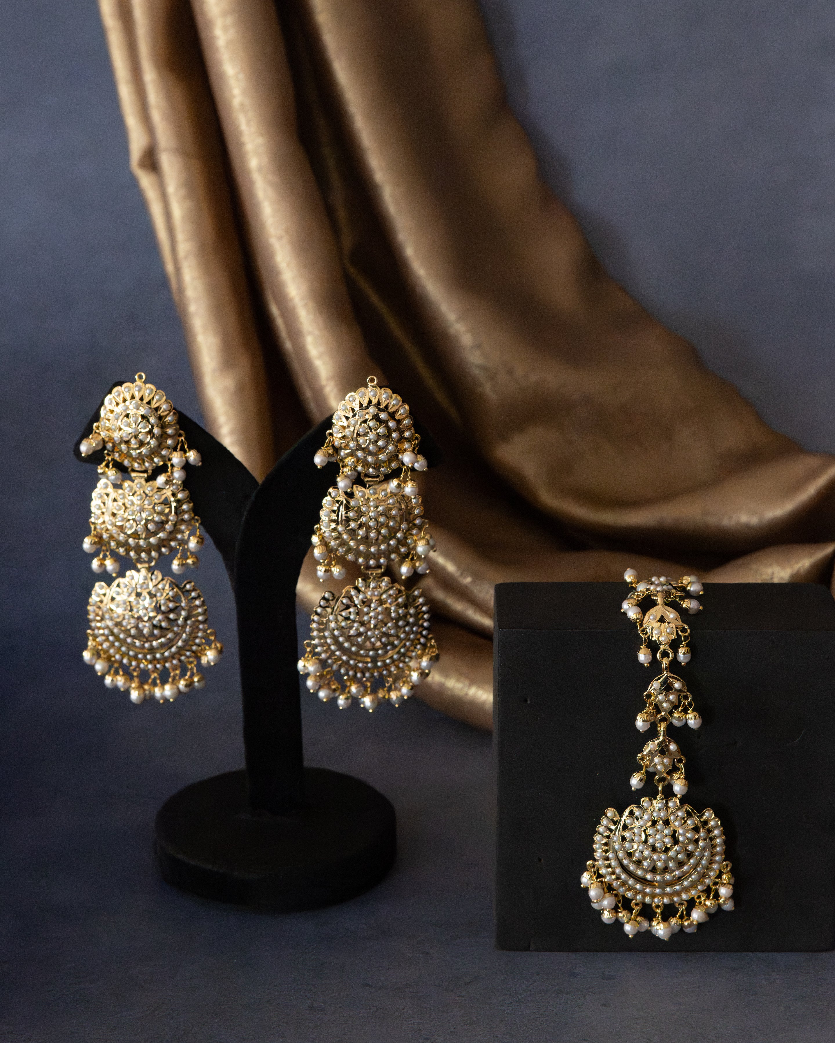Layered Pearl Jadau Danglers with Maang Tikka