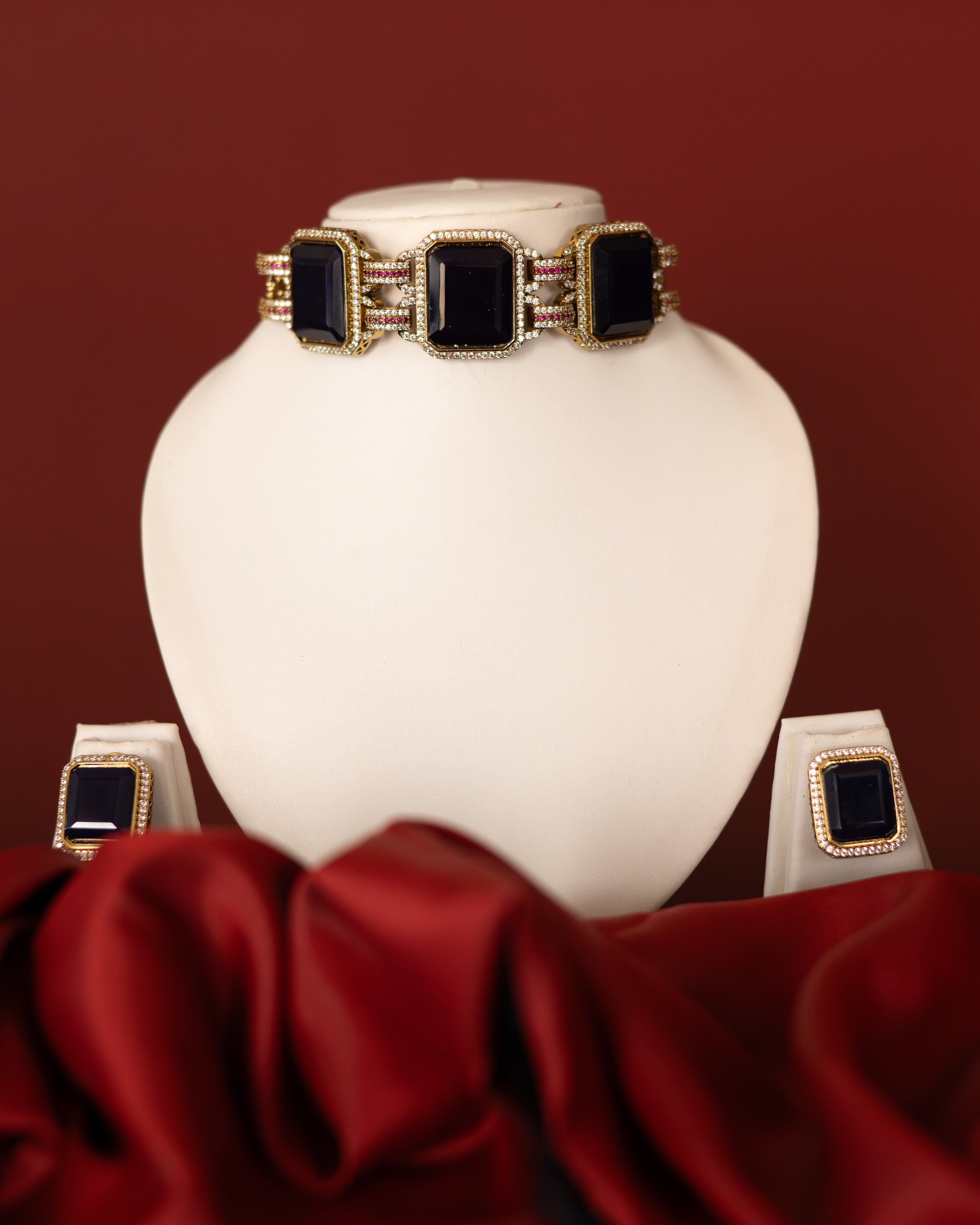 Regal Blue Gemstone & Moissanite Gold Plated Choker Set