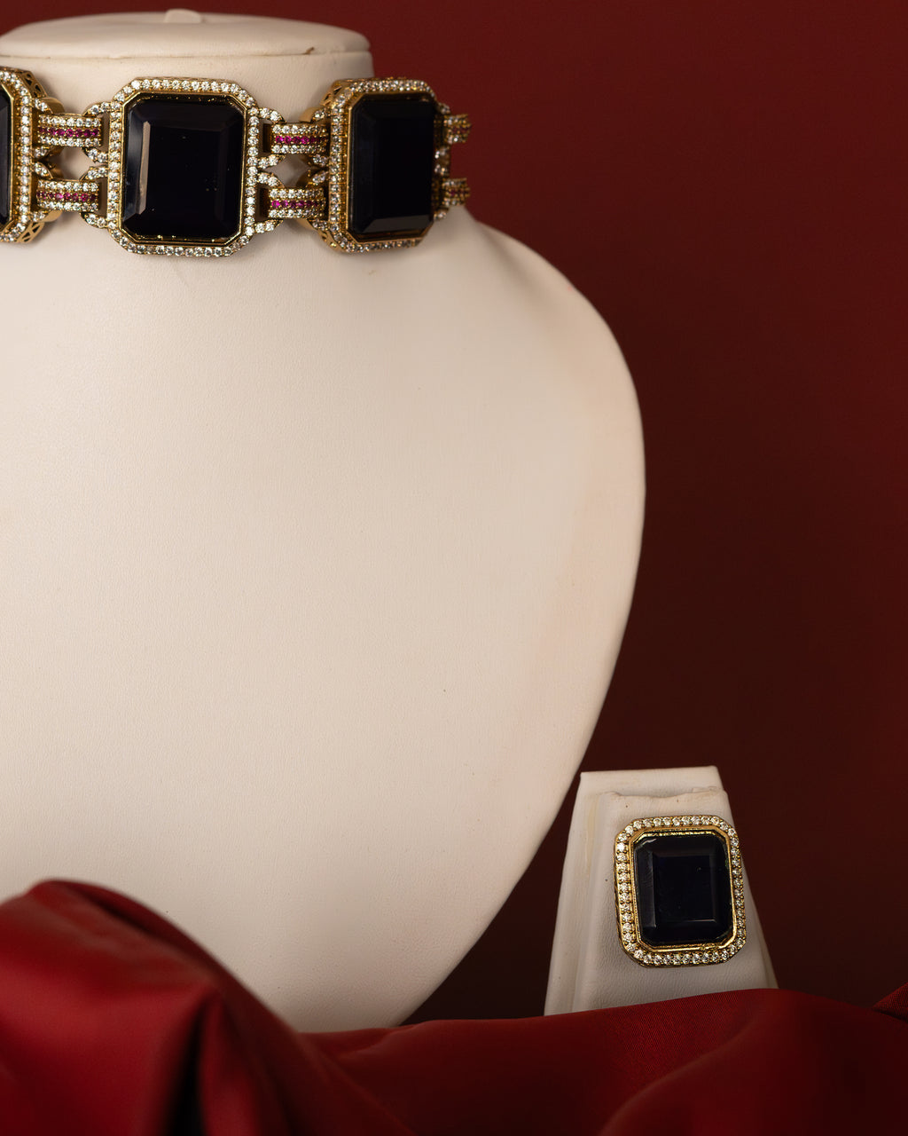Regal Blue Gemstone & Moissanite Gold Plated Choker Set