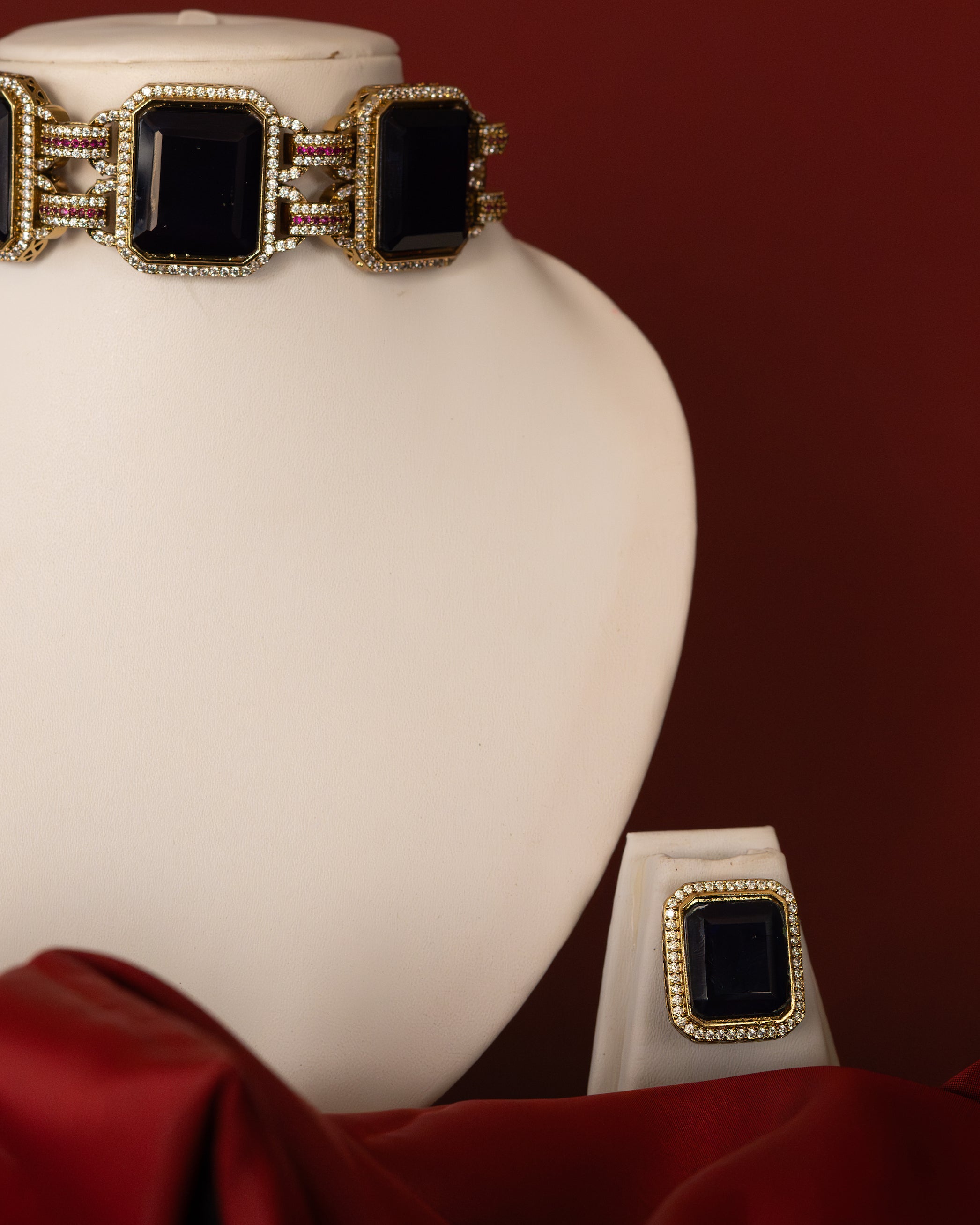 Regal Blue Gemstone & Moissanite Gold Plated Choker Set