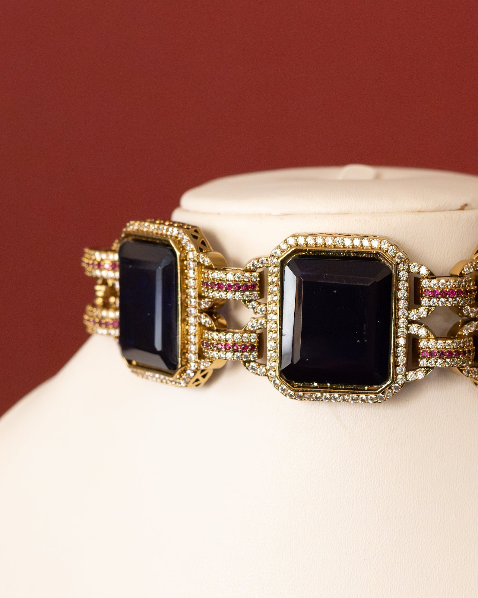 Regal Blue Gemstone & Moissanite Gold Plated Choker Set