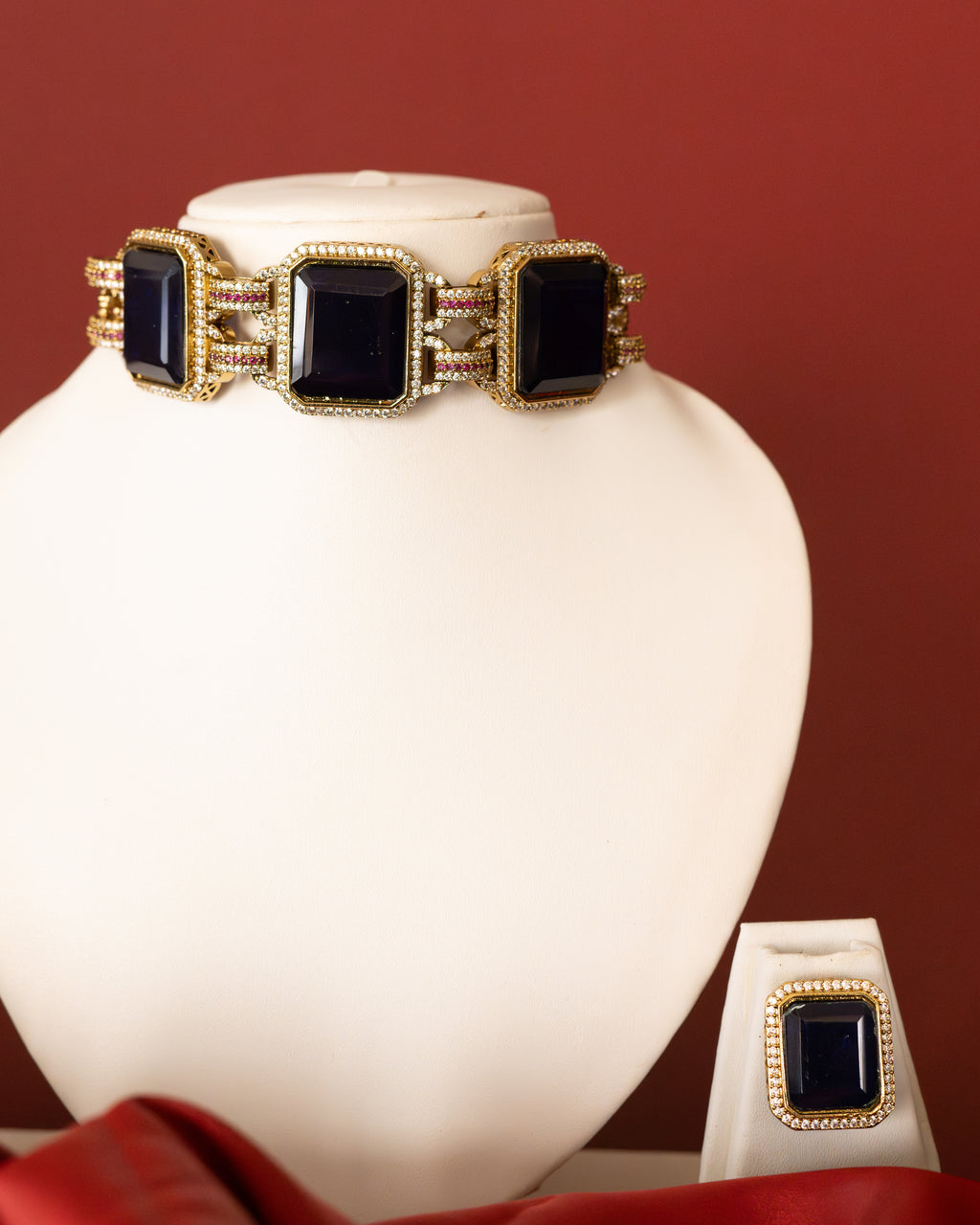 Regal Blue Gemstone & Moissanite Gold Plated Choker Set
