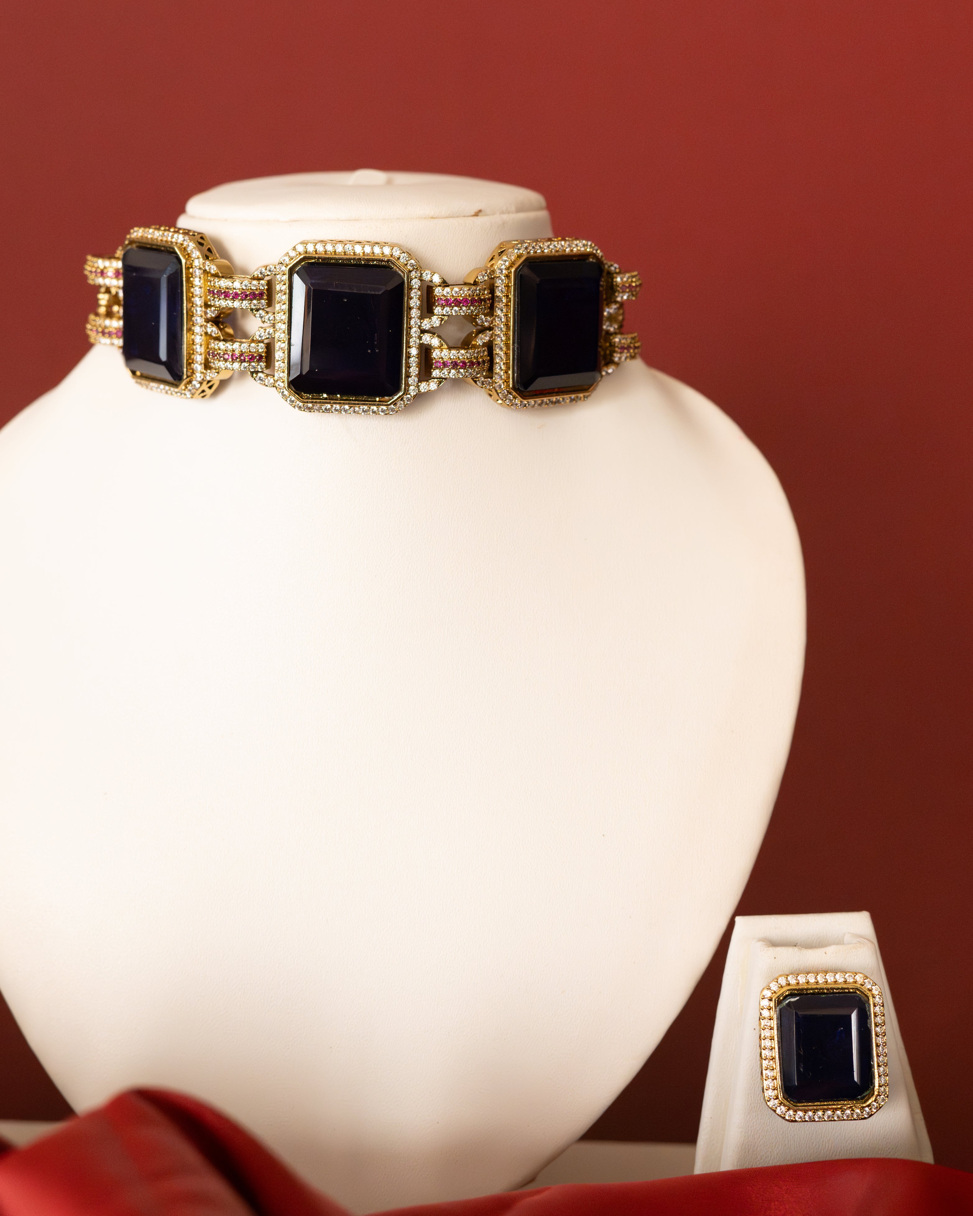 Regal Blue Gemstone & Moissanite Gold Plated Choker Set