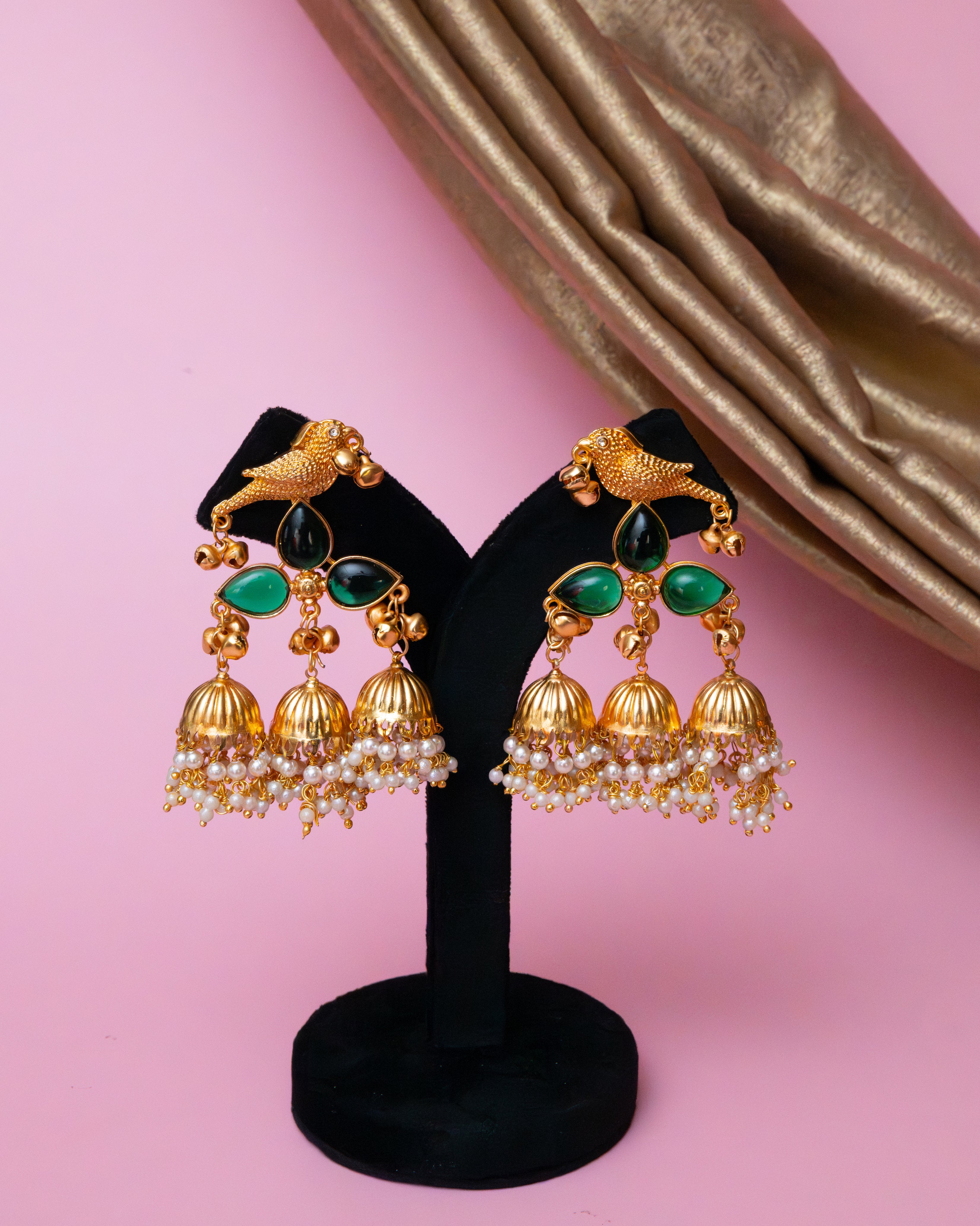 Regal Emerald Bird Jhumkas