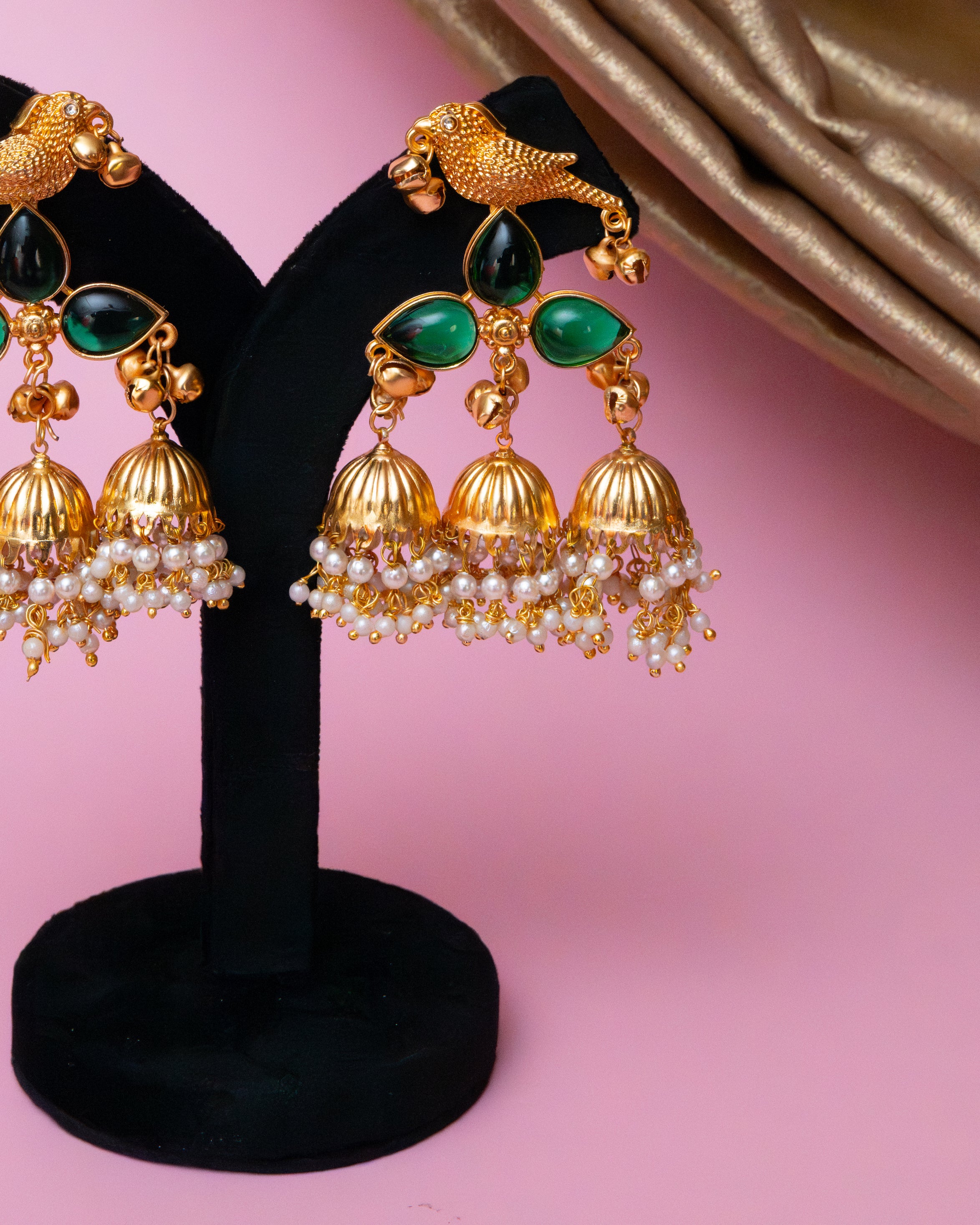 Regal Emerald Bird Jhumkas