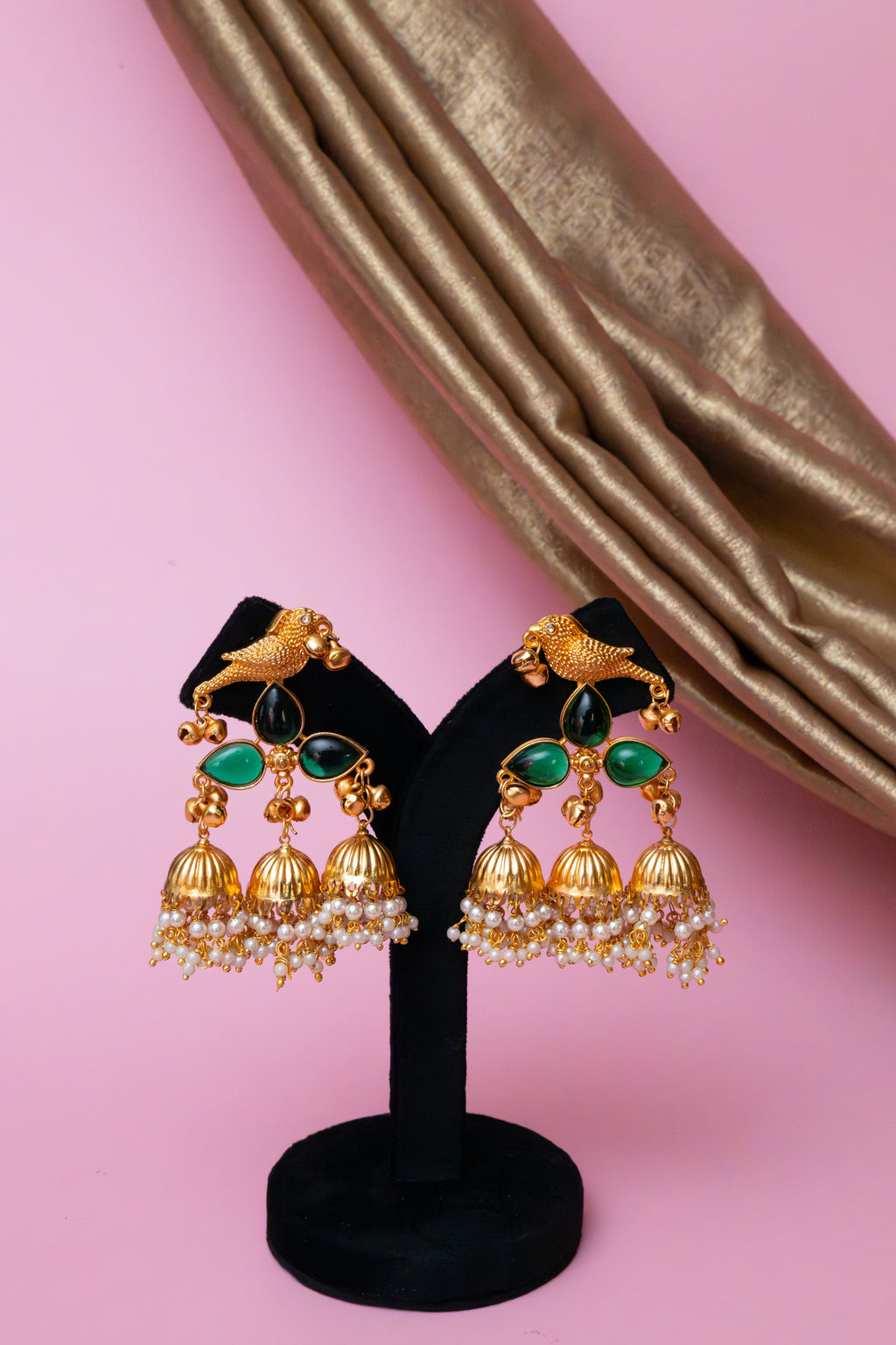 Regal Emerald Bird Jhumkas