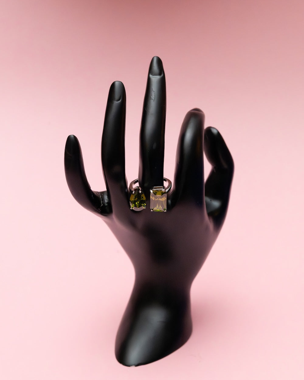 Pear and Emerald Cut Olive Gemstone Ring