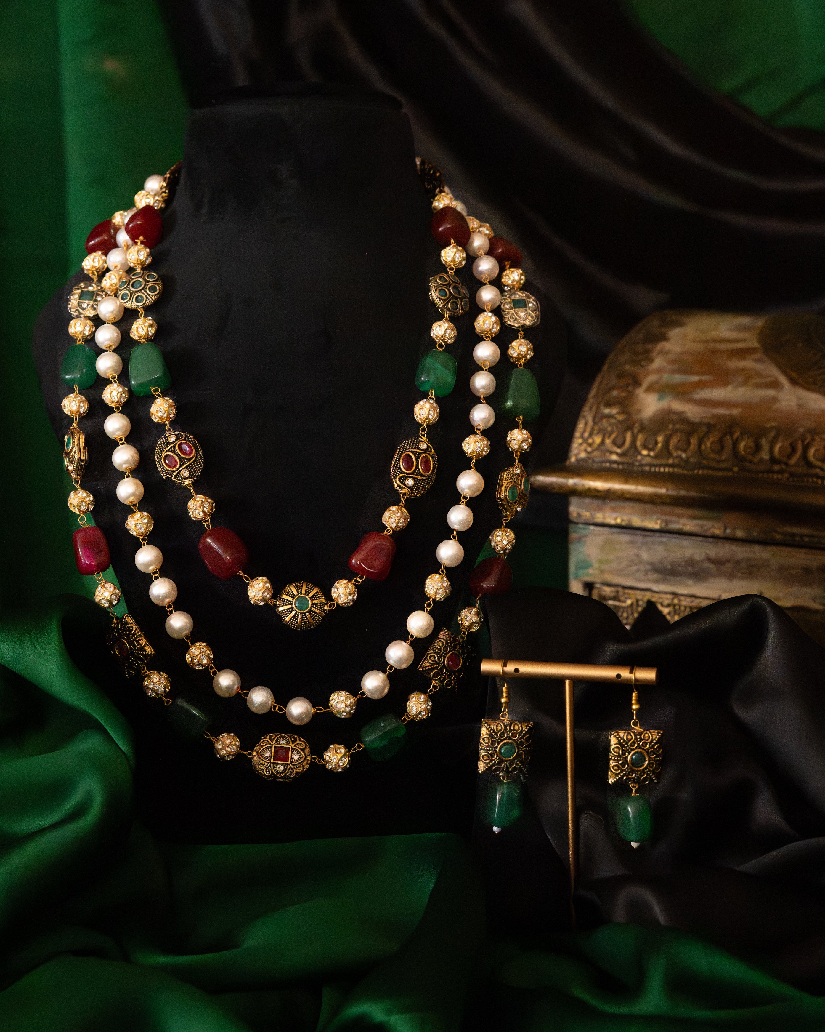 Rajvanshi Pearl & Emerald Layered Set