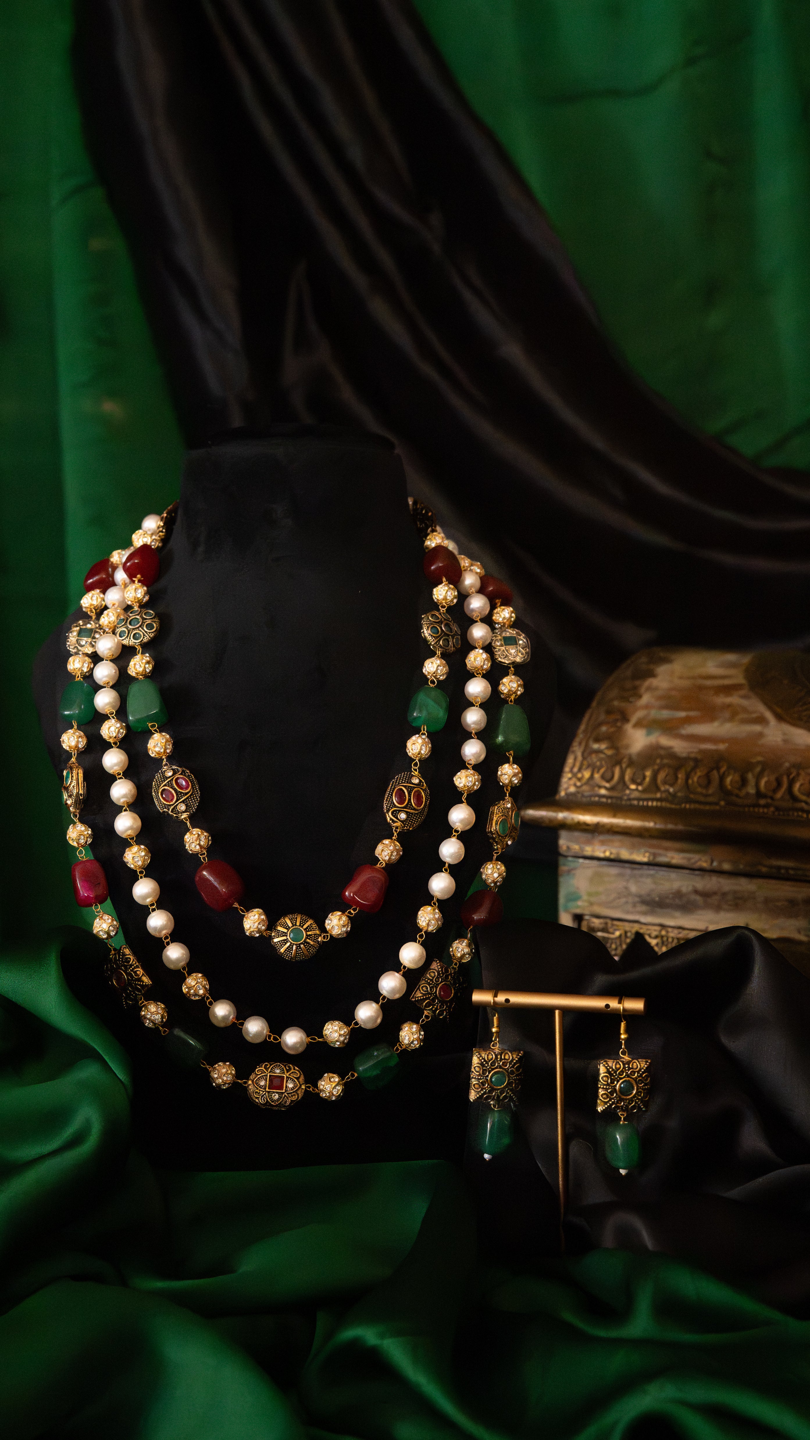 Rajvanshi Pearl & Emerald Layered Set