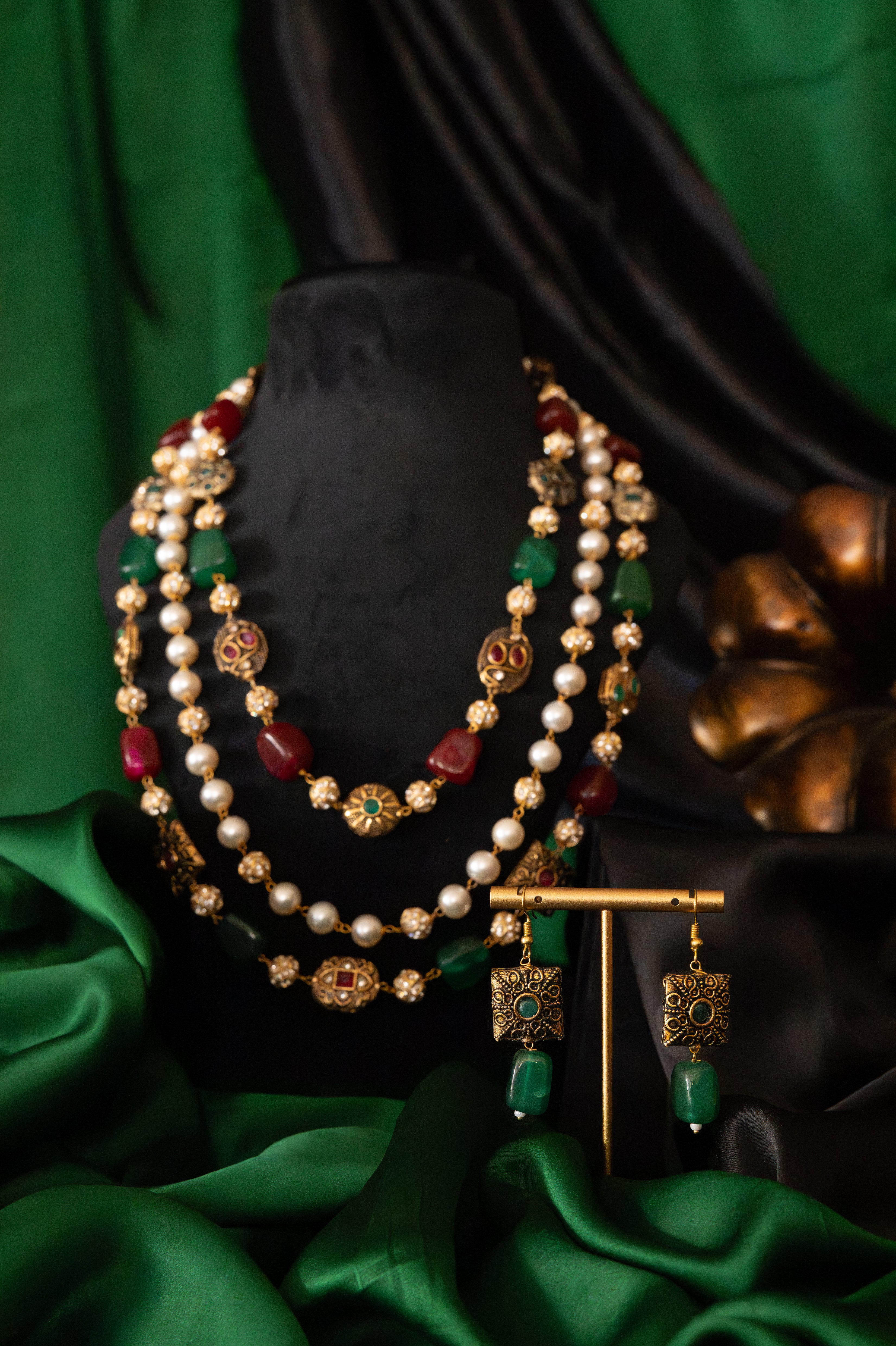 Rajvanshi Pearl & Emerald Layered Set