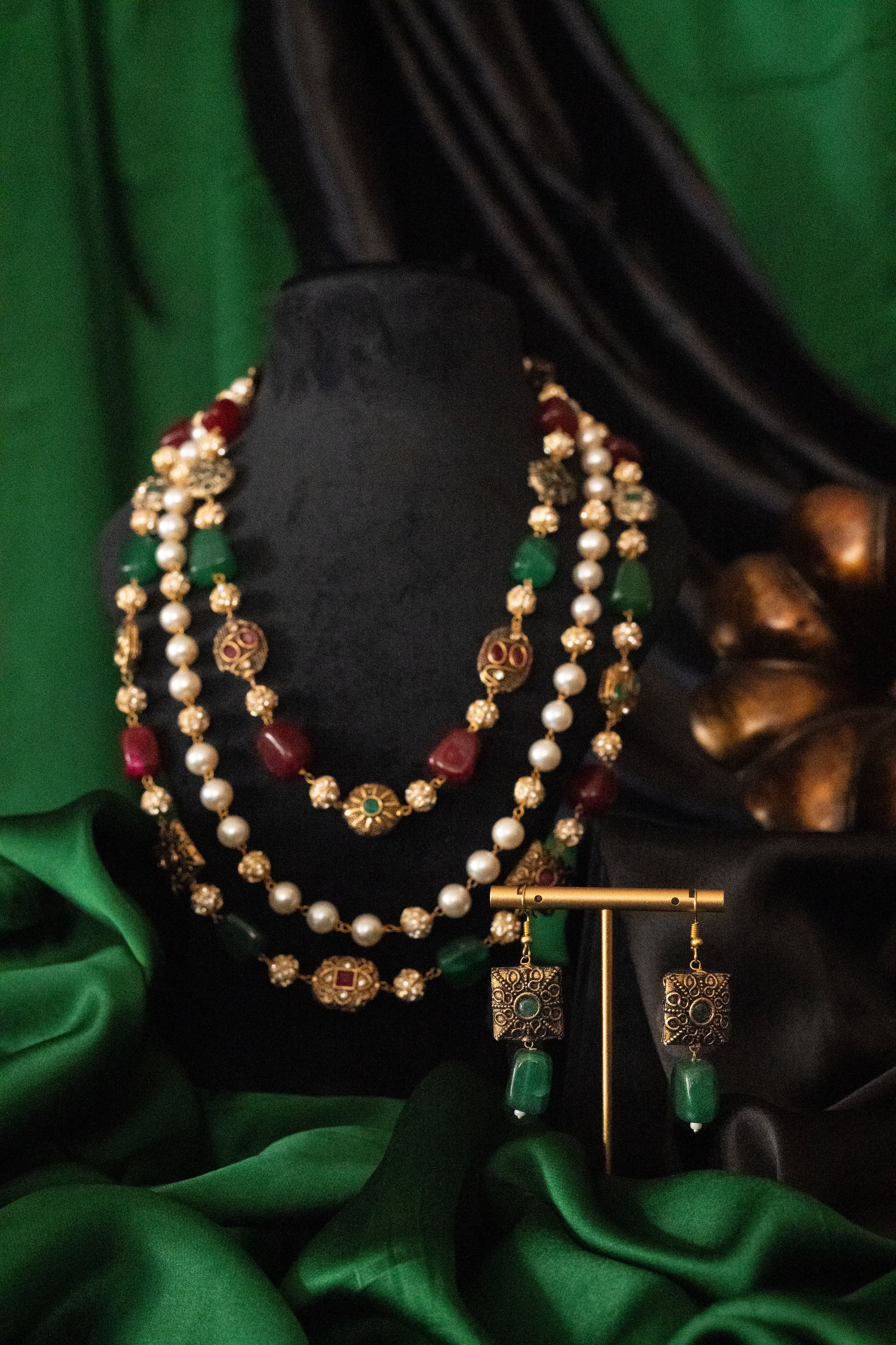 Rajvanshi Pearl & Emerald Layered Set