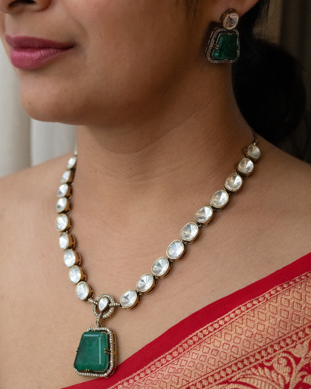 Polki & Emerald Pendant Necklace Set