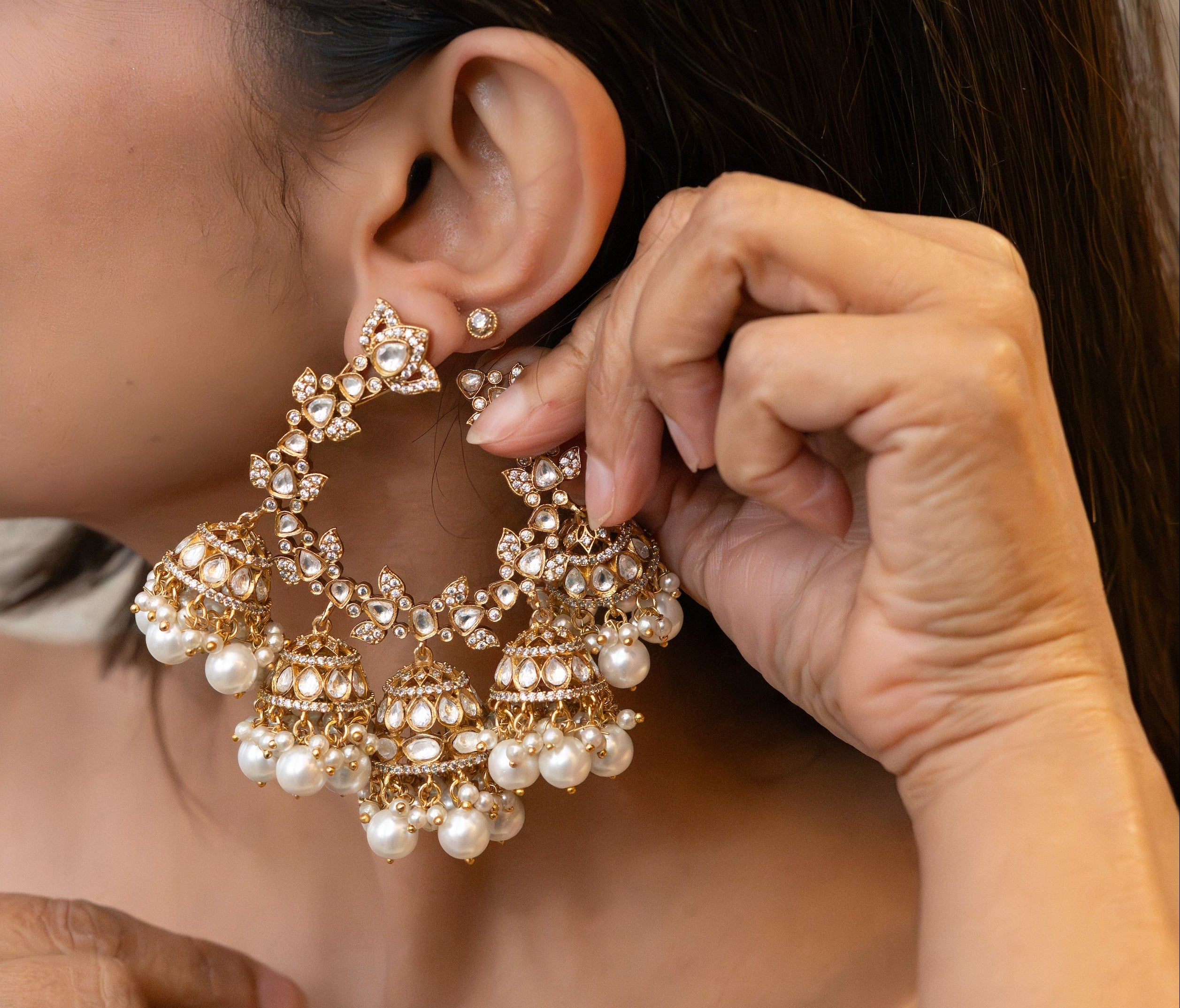 Regal Pearl Halo Chandbali Earrings