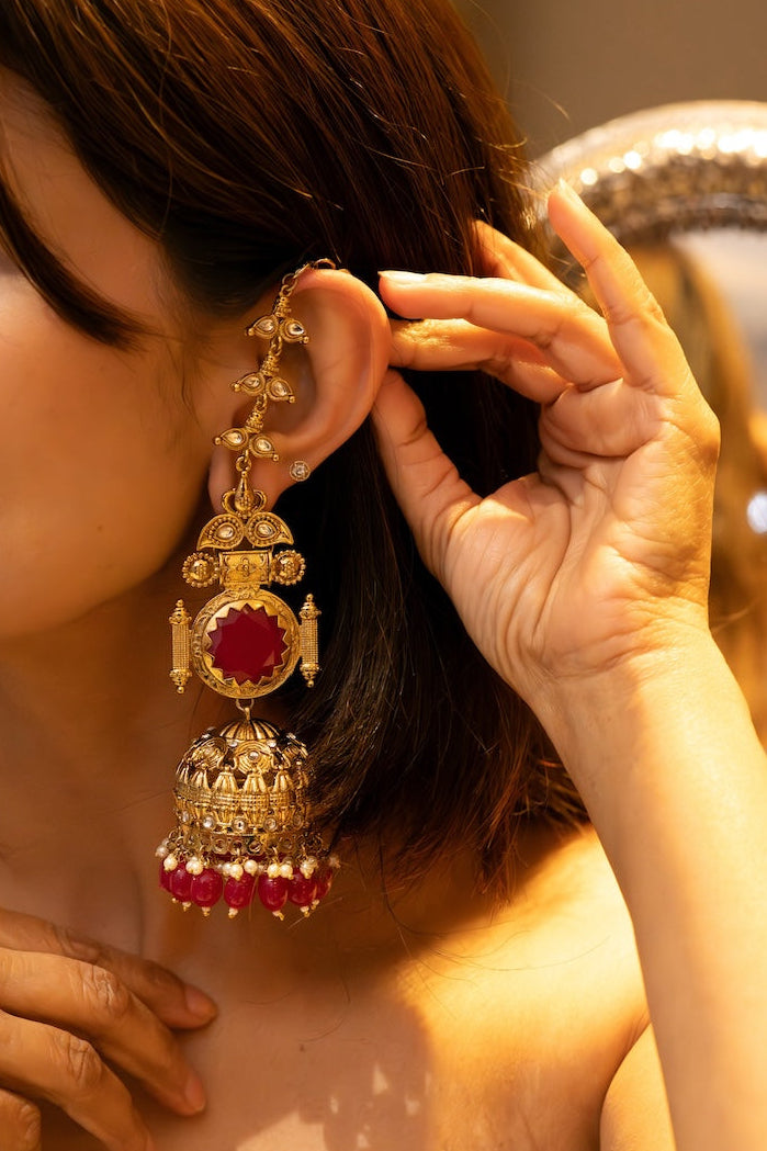 Ornate Ruby Jhumka Earrings