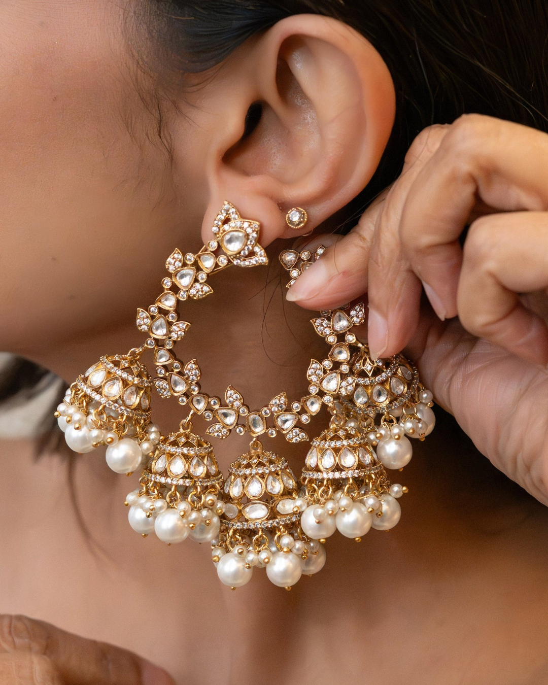 Regal Pearl Halo Chandbali Earrings