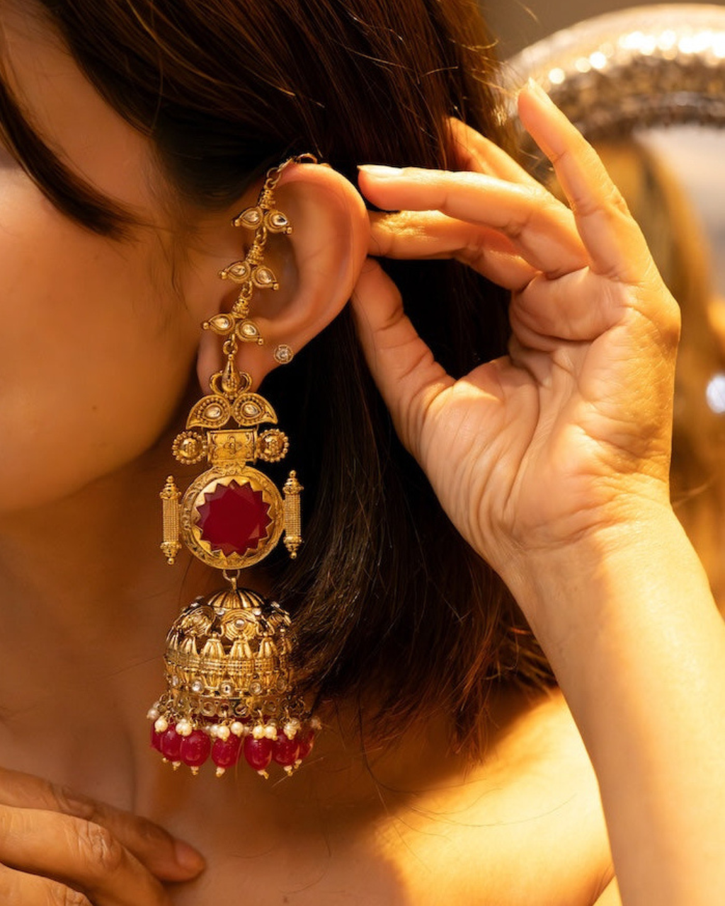 Ornate Ruby Jhumka Earrings