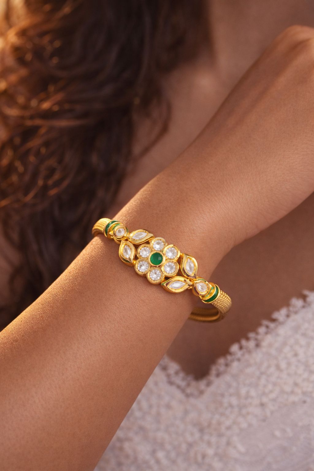 Emerald Floral Polki Kundan Openable Kada