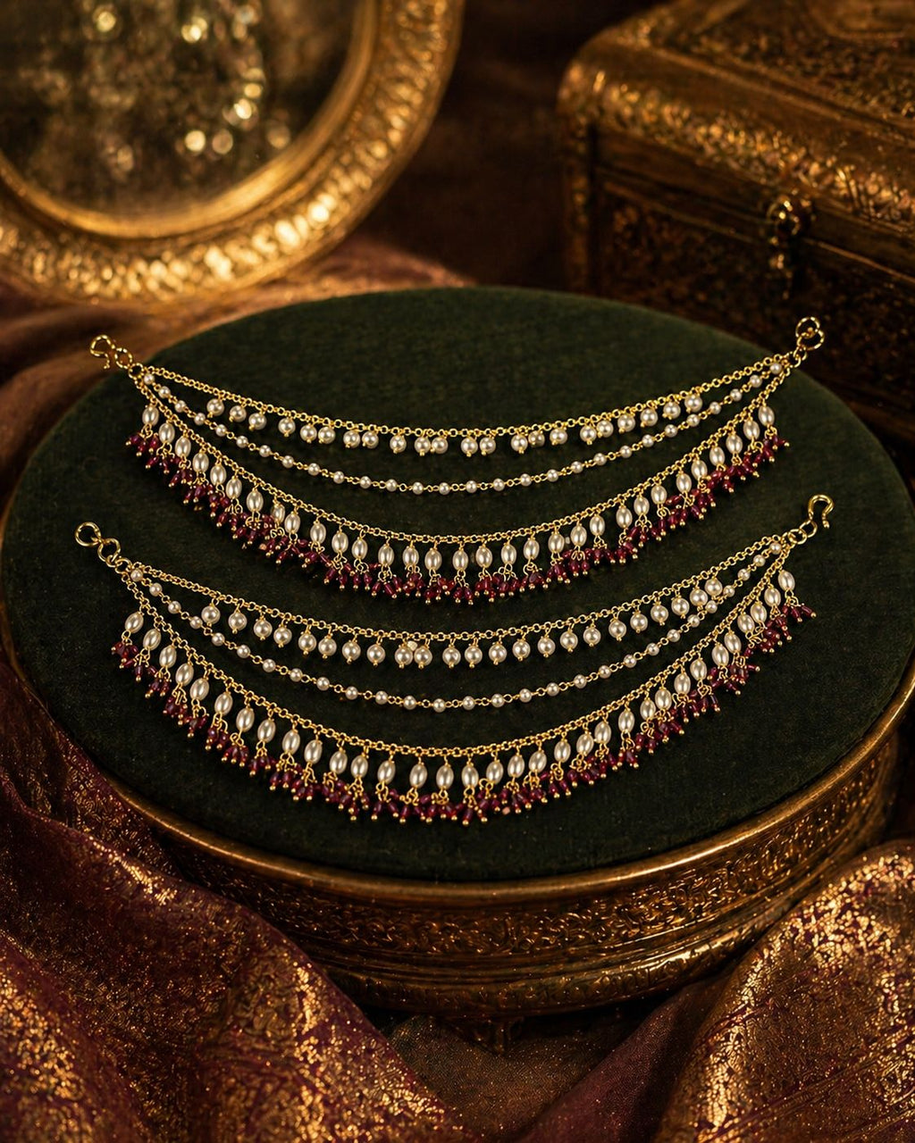 3 Layered White Pearls With Ruby Beads Kaan Chain