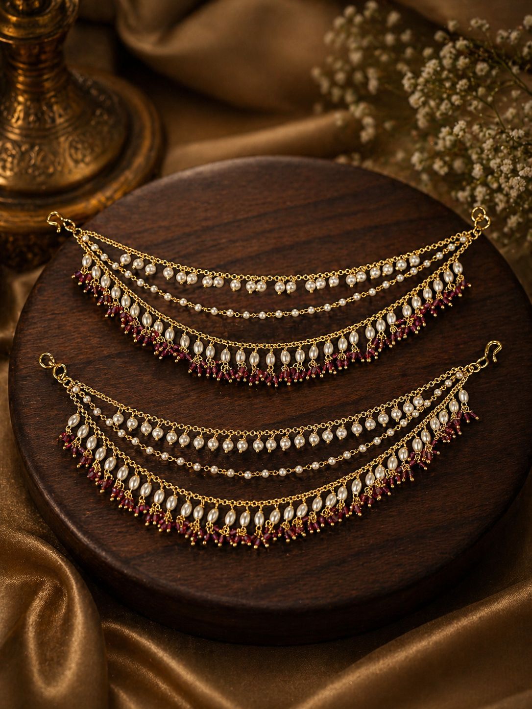 3 Layered White Pearls With Ruby Beads Kaan Chain