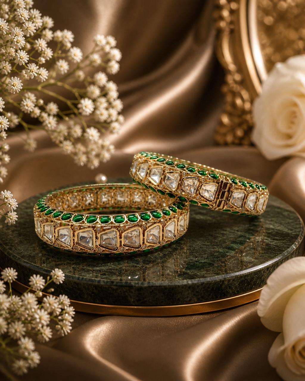 Designer Green Pure Moissanite Openable Kadas with Gold Finish