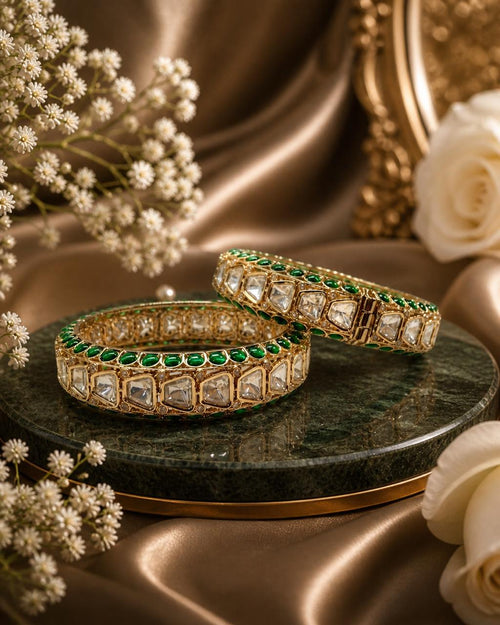 Designer Green Pure Moissanite Openable Kadas with Gold Finish