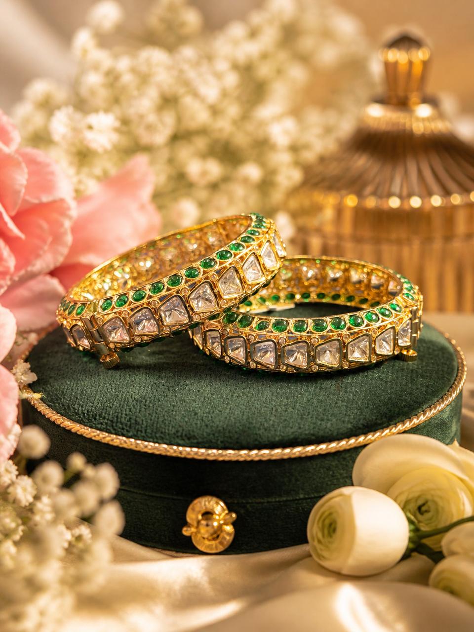 Designer Green Pure Moissanite Openable Kadas with Gold Finish