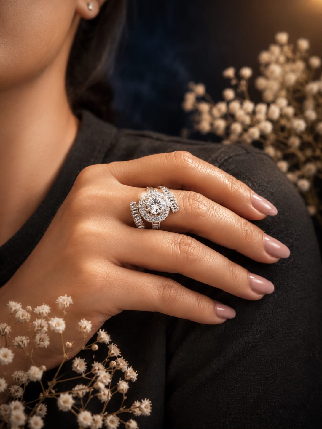 ⁠Celestial Halo Solitaire Ring
