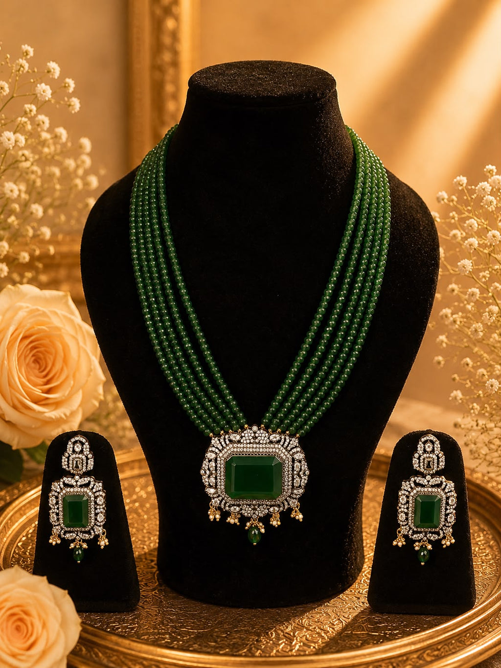 Emerald Gemstone and Moissanite Necklace Set