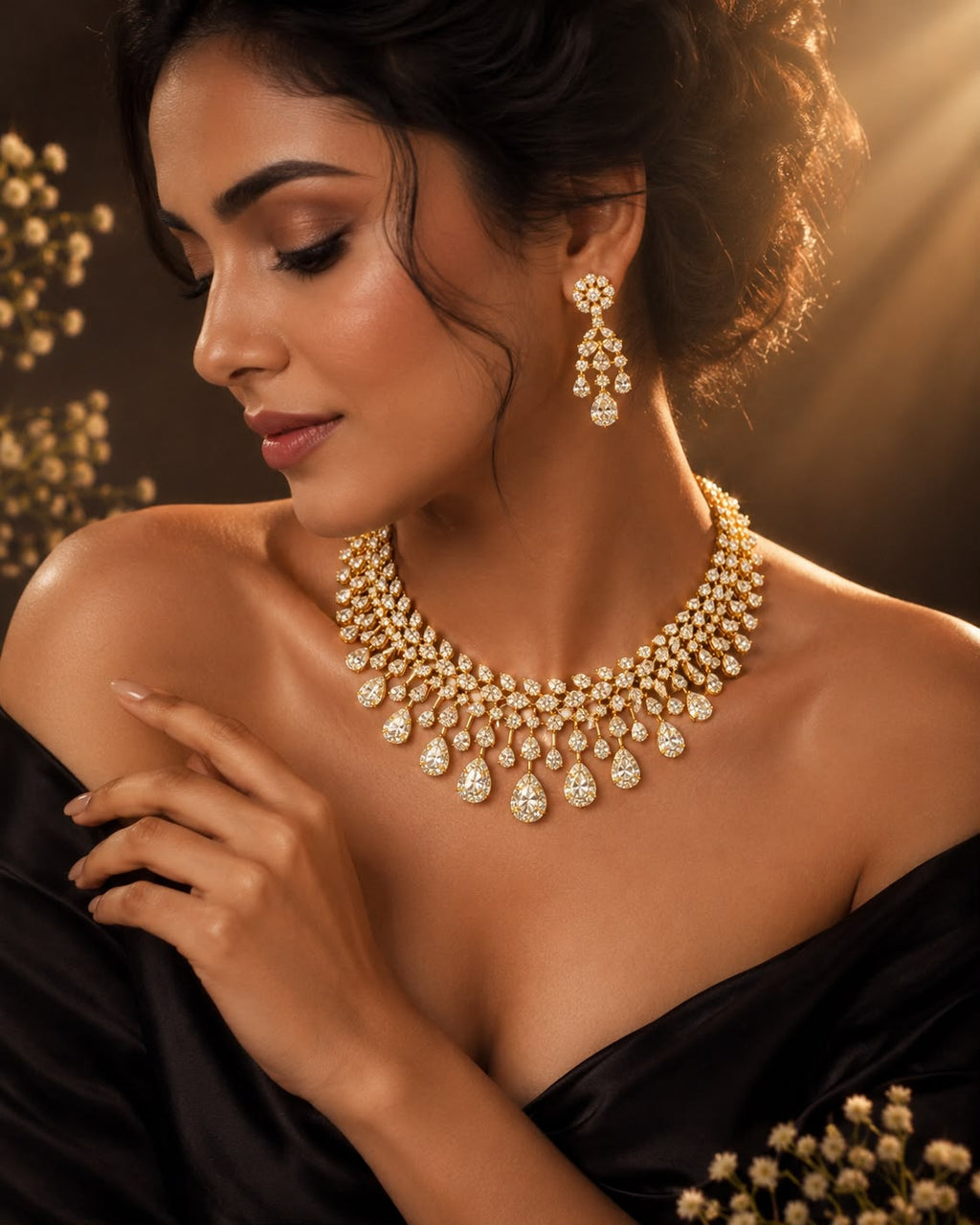 Gold Celestial Dew Drop Diamond Necklace Set