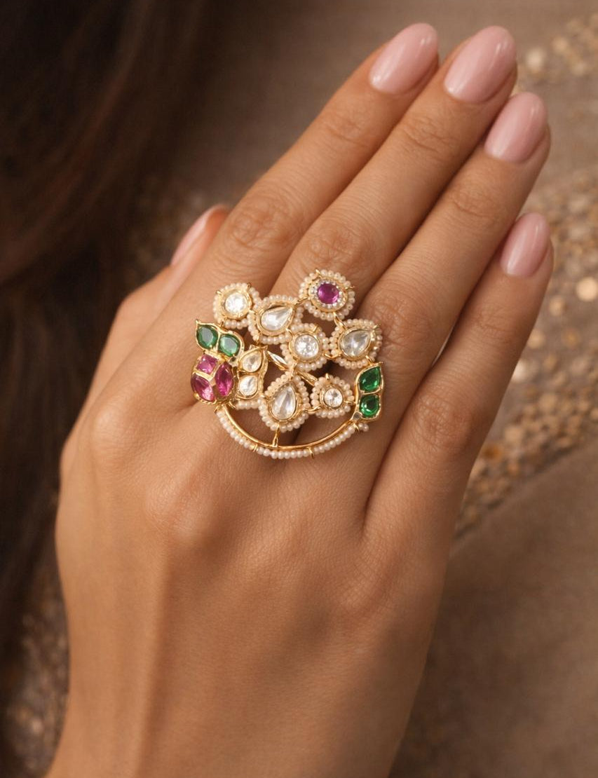Kundan Polki Ruby Emerald Ring