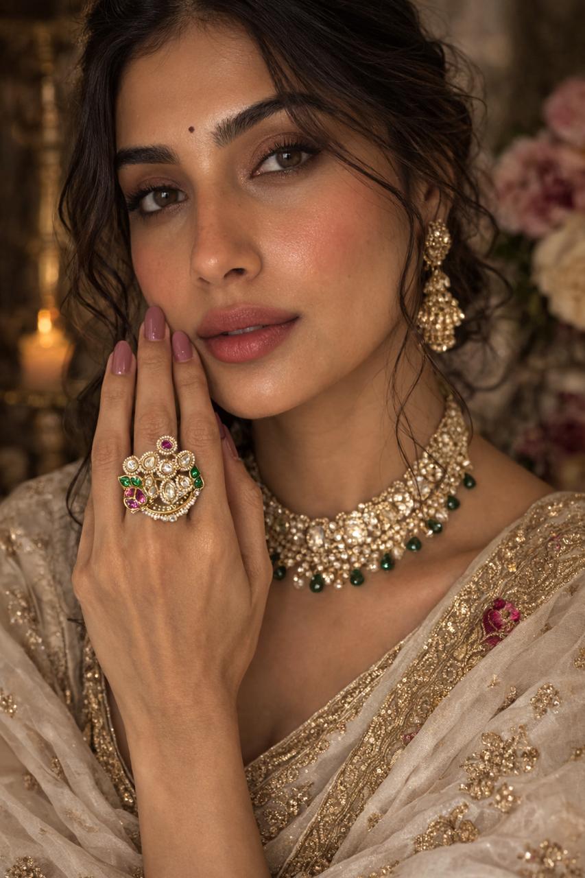 Kundan Polki Ruby Emerald Ring