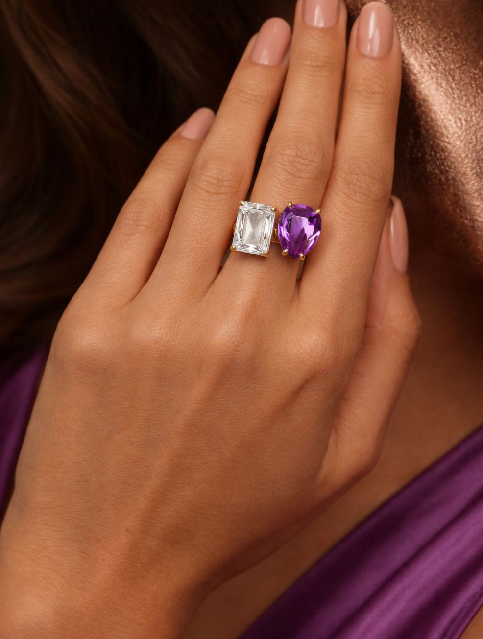 Pear and Emerald Cut Purple Gemstone Ring
