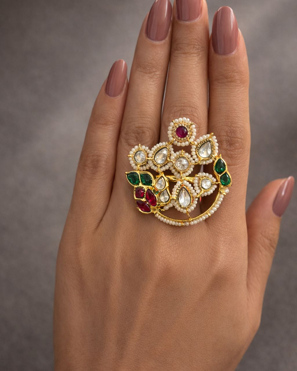 Kundan Polki Ruby Emerald Ring