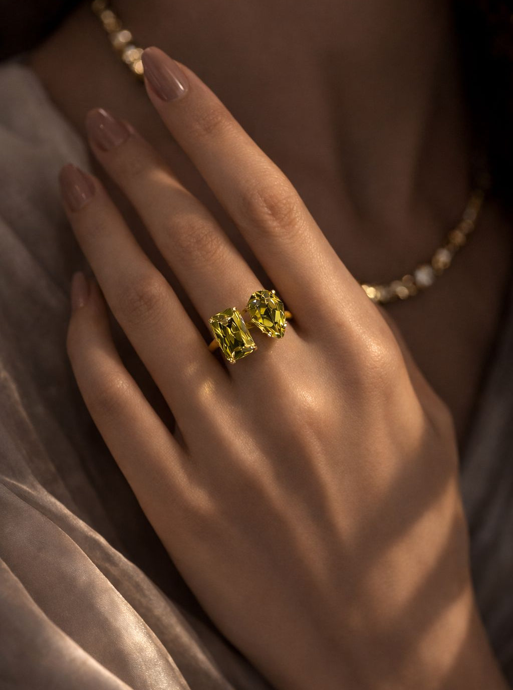 Pear and Emerald Cut Olive Gemstone Ring