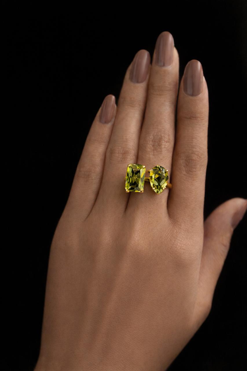 Pear and Emerald Cut Olive Gemstone Ring