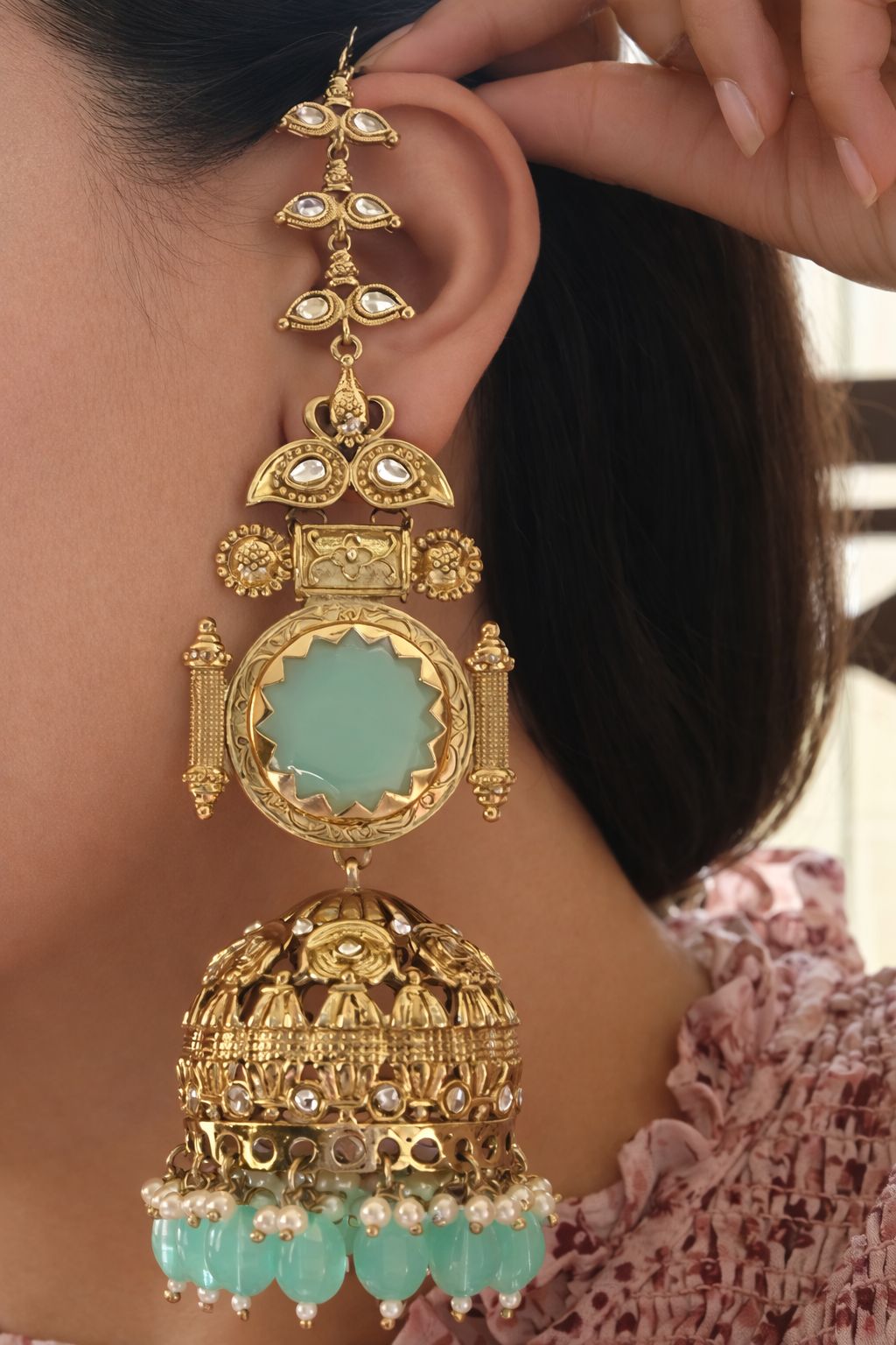 Ornate Blue Stone Jhumka Earrings