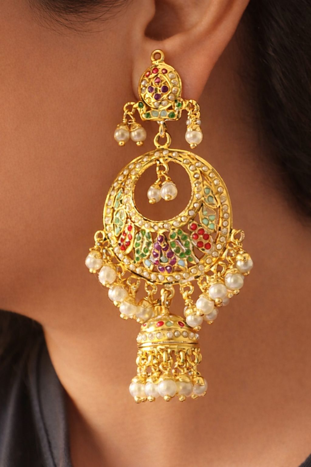 Navratan Jadau Chandbali with Pearl