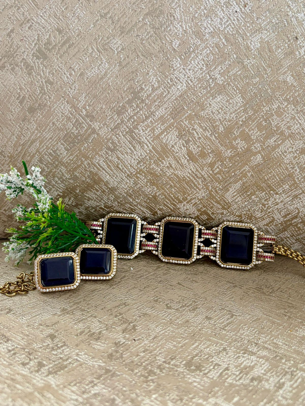 Regal Blue Gemstone & Moissanite Gold Plated Choker Set