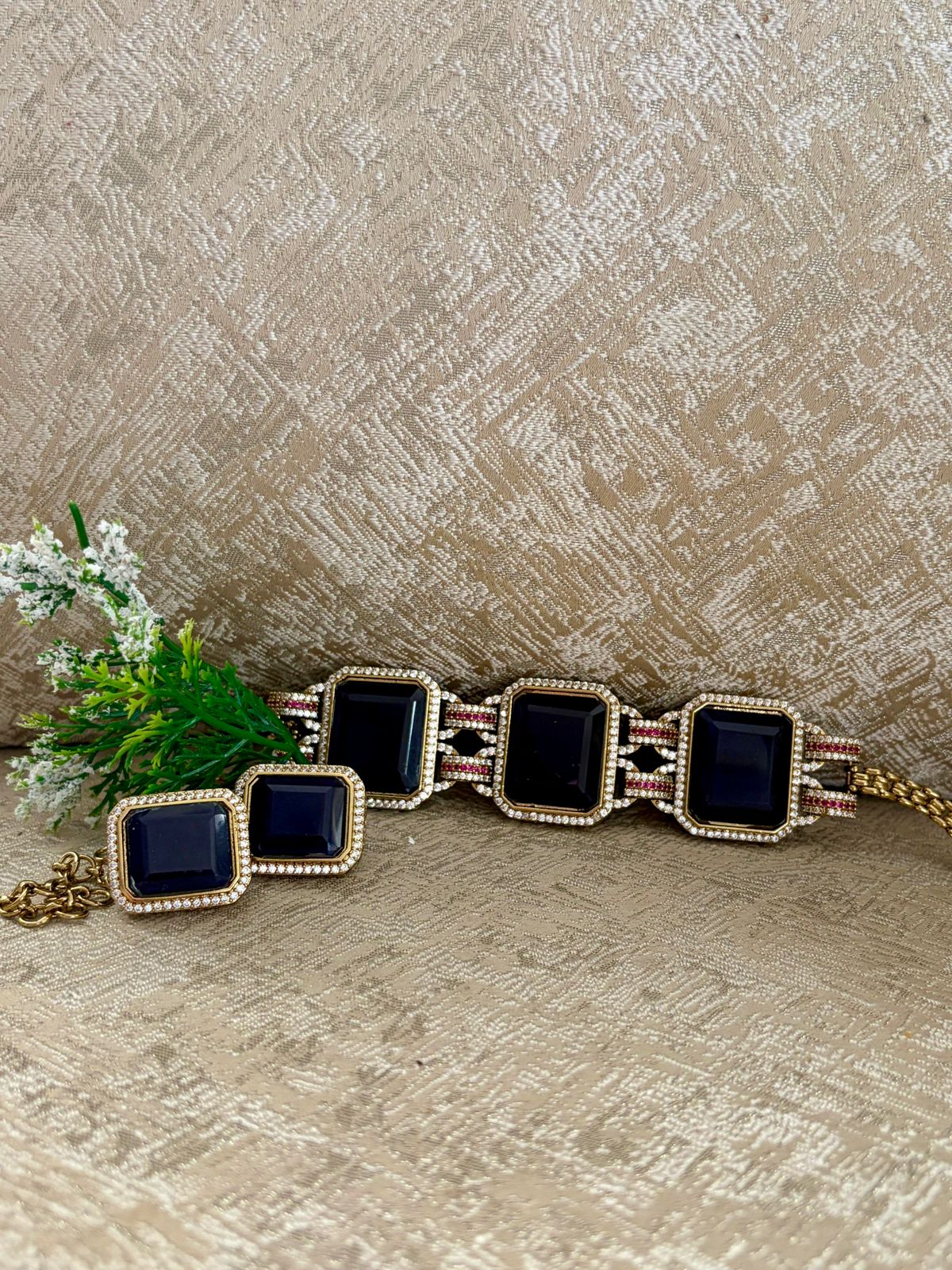 Regal Blue Gemstone & Moissanite Gold Plated Choker Set