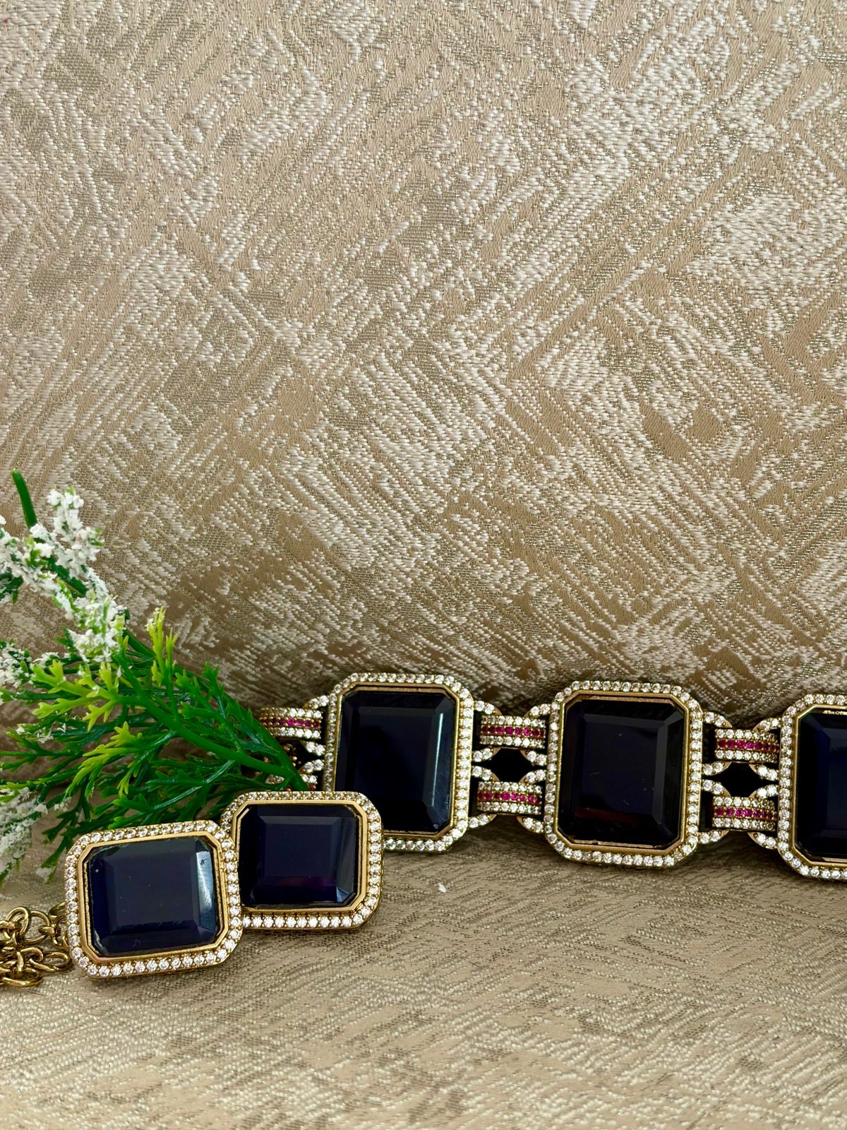 Regal Blue Gemstone & Moissanite Gold Plated Choker Set