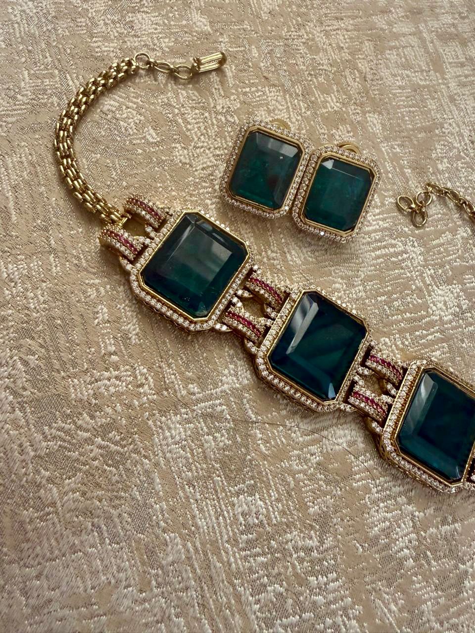 Regal Green Gemstone & Moissanite Gold Plated Choker Set